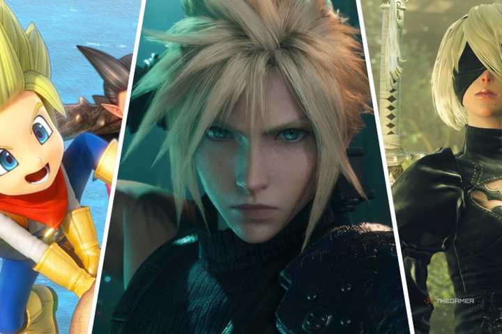 dragon quest builders, cloud in final fantasy 7, and nier automata