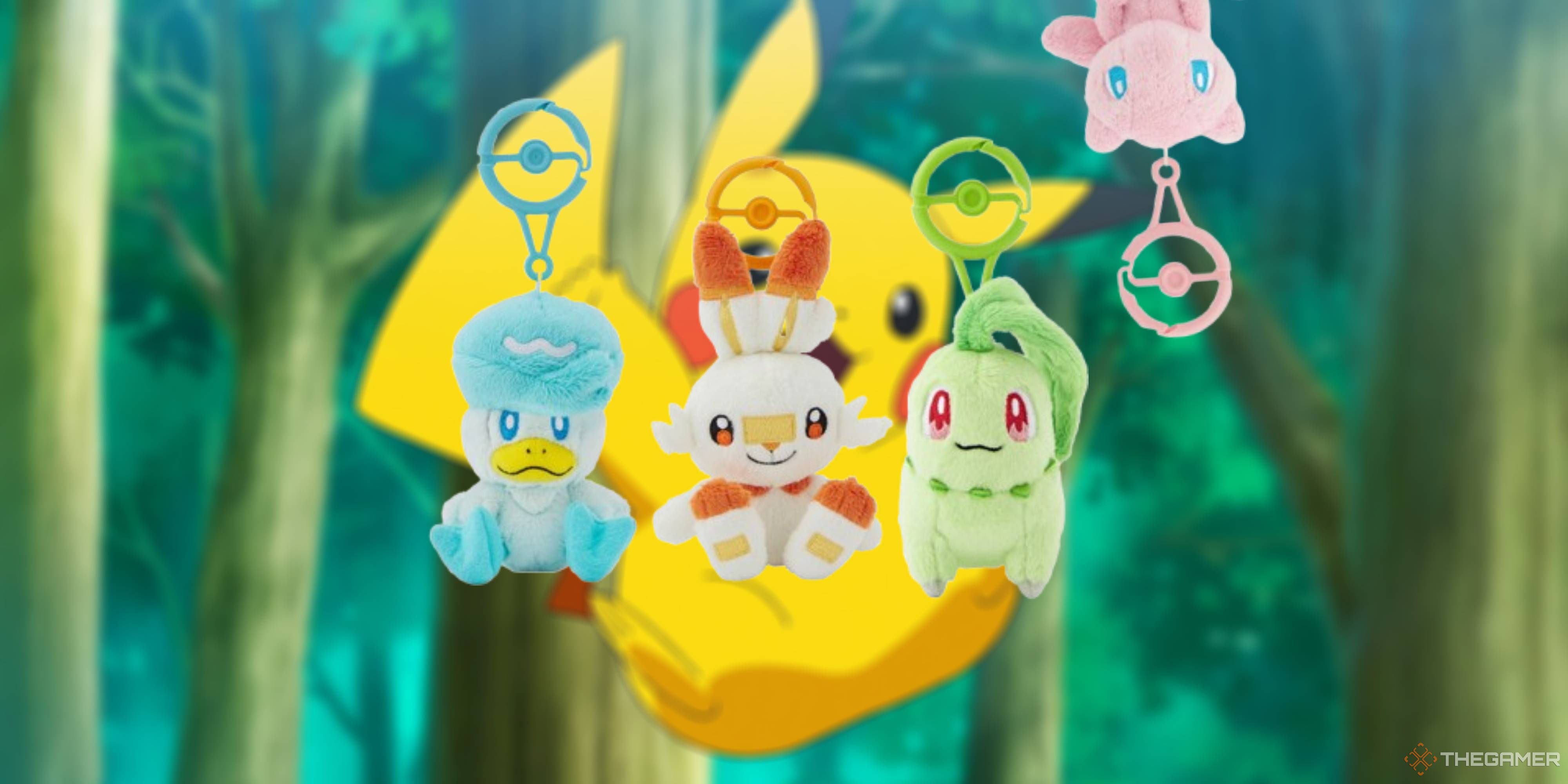 quaxley scorbunny chikorita and mew clip on pokemon plushes