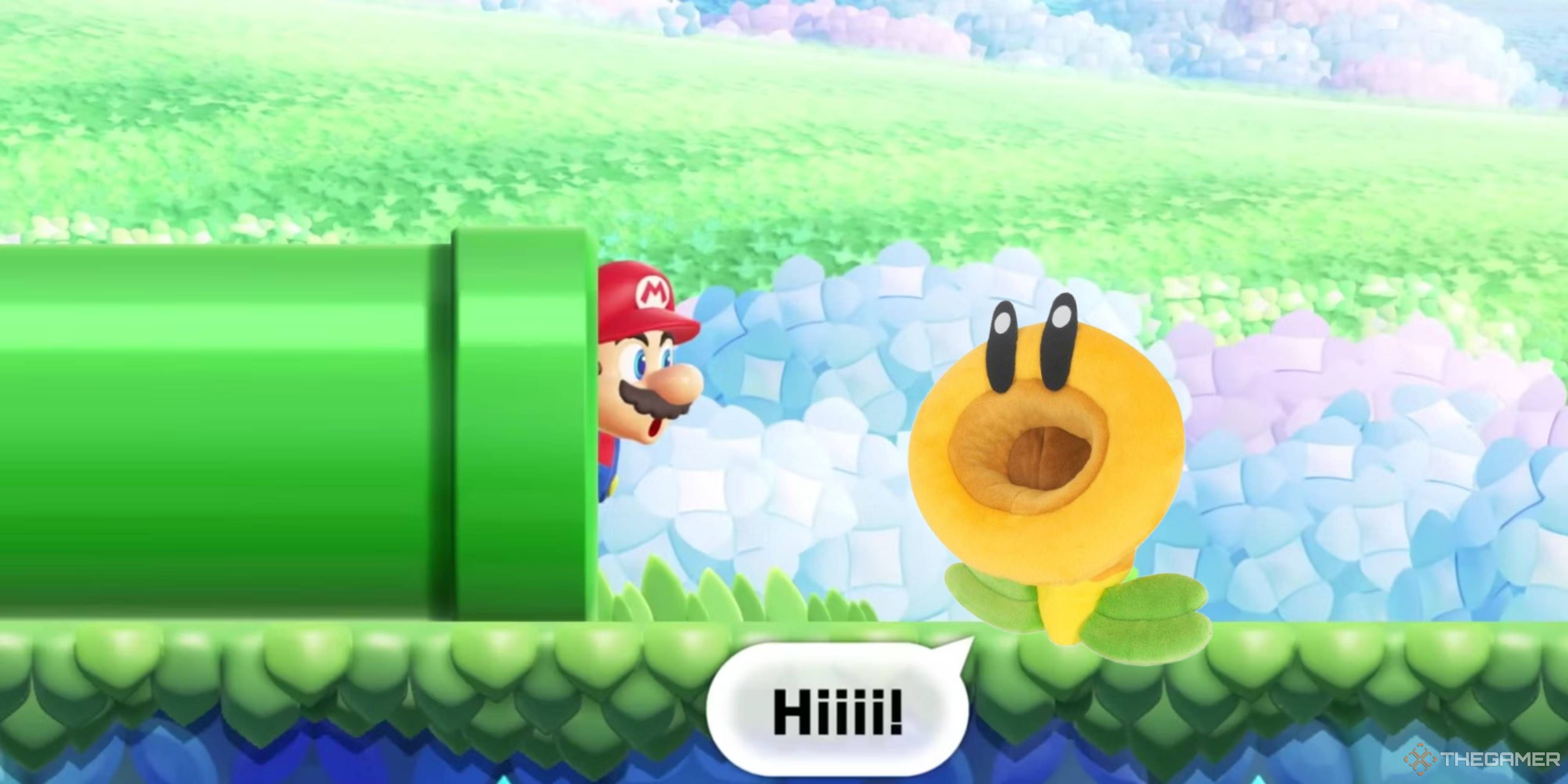 mario in super mario bros wonder looking at a wonder flower plush