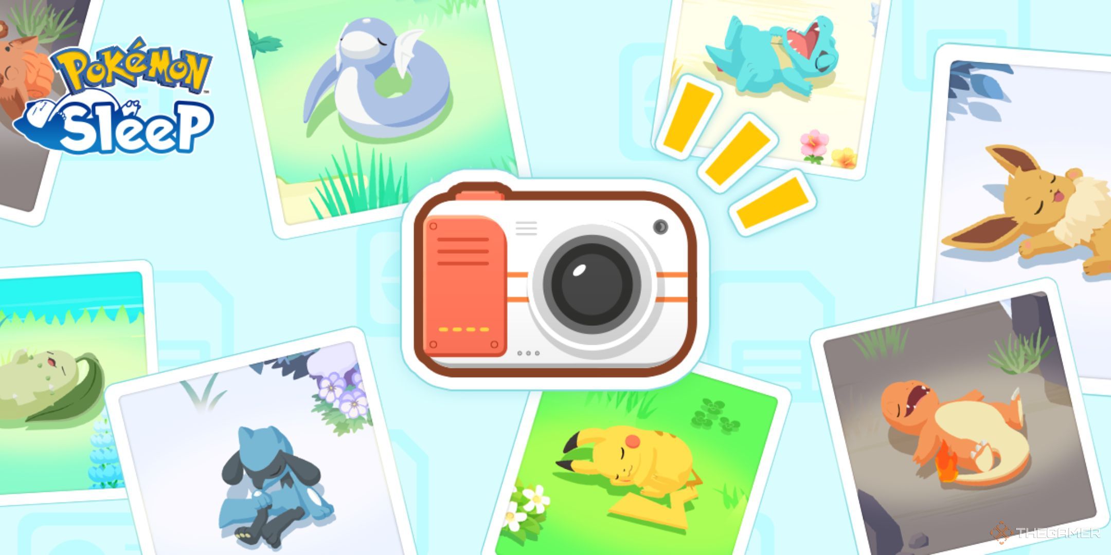 Pokemon Sleep Sleep Style Discover Week Event Banner featuring polaroids of various Pokemon and a camera in the center of the image.