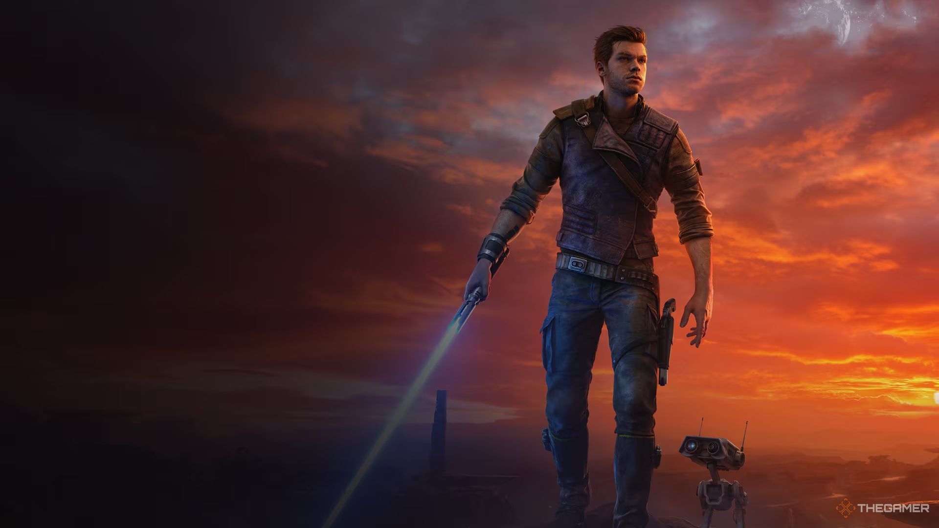 Cal Kestis and BD-1 standing on a cliff in Star Wars Jedi: Survivor.