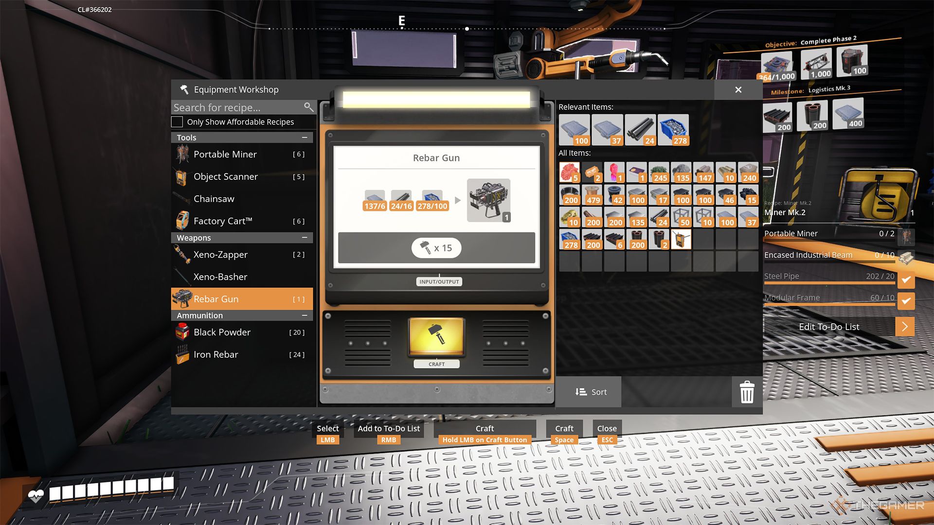 The player crafting a Rebar Gun at the Equipment Workshop.