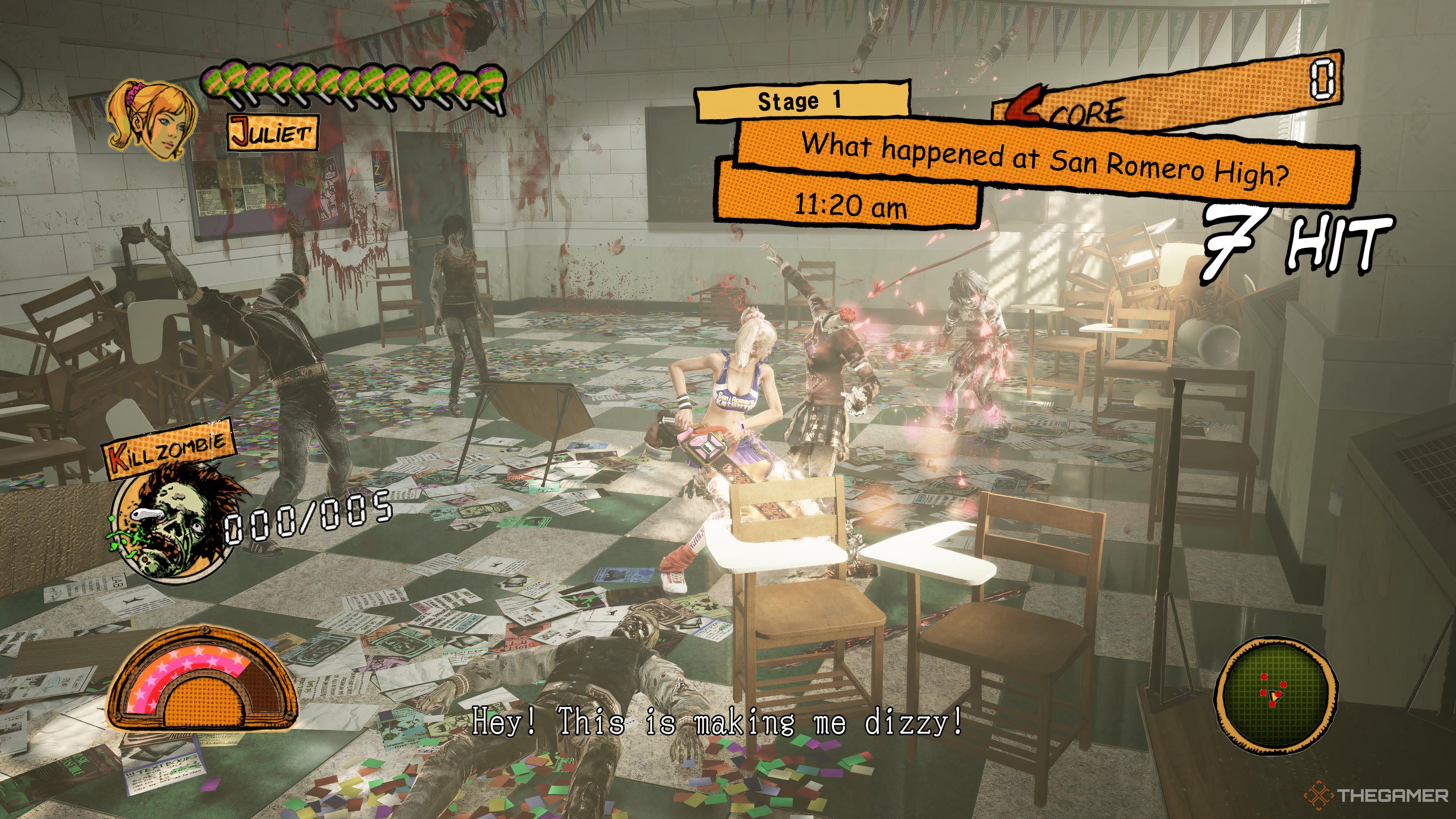 Juliet slicing up a zombie in stage one of Lollipop Chainsaw: RePop.