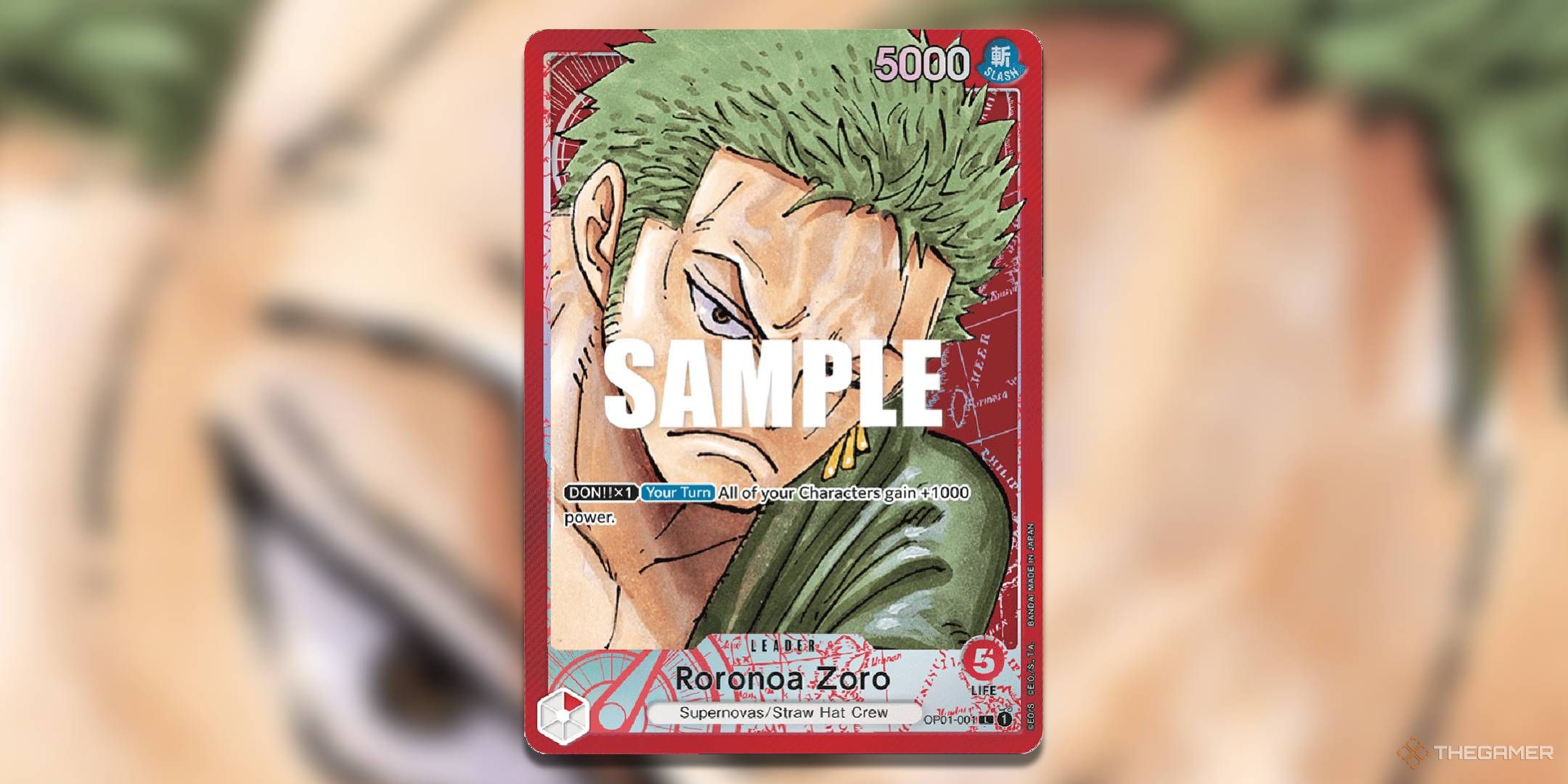 Roronoa Zoro alternate art leader from OP-01 with a gaussian blur background.