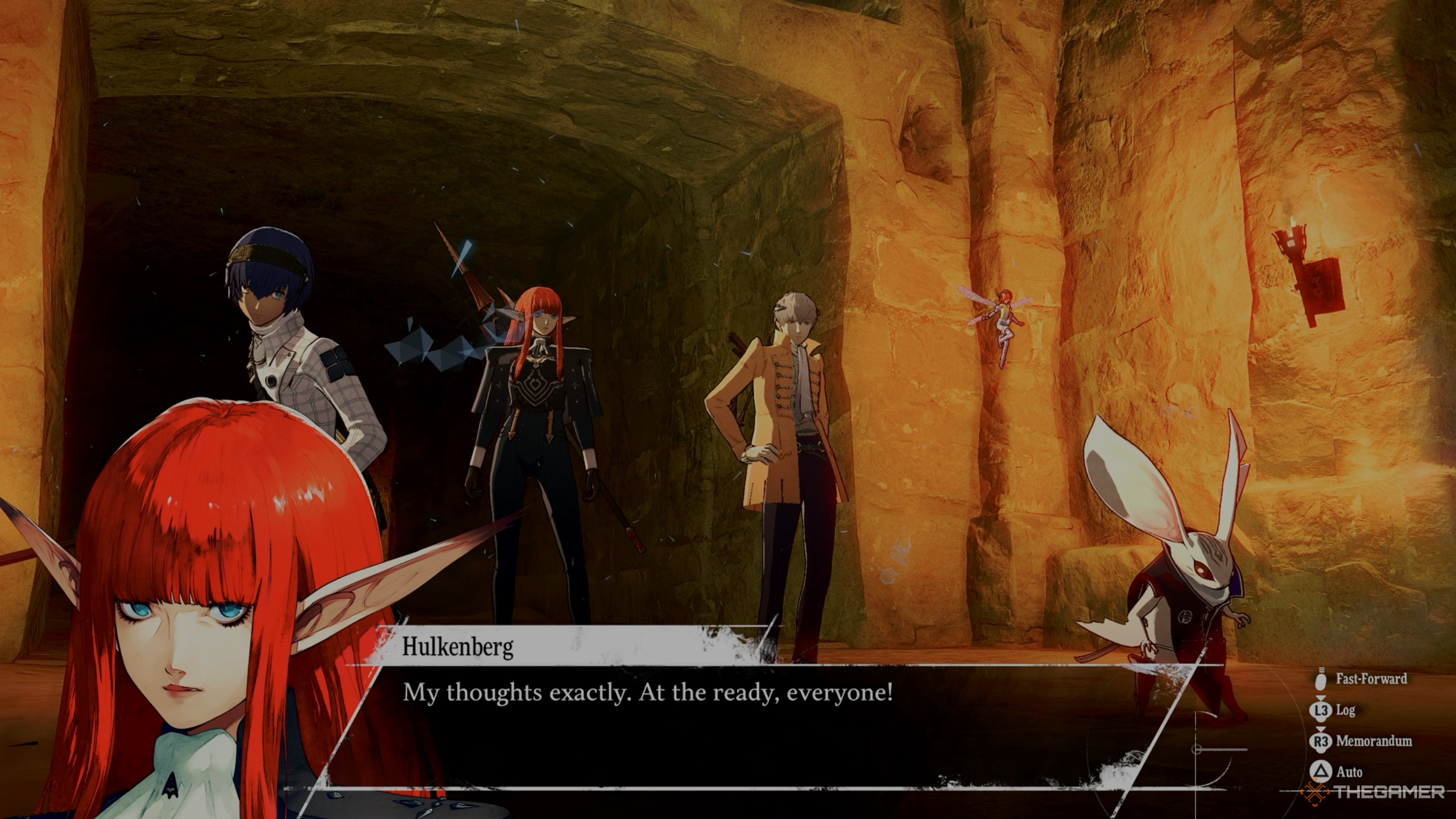 Hulkenberg speaks with the protagonist, Strohl, and Heismay within the walls of the Abandoned Tomb in Metaphor: ReFantazio.