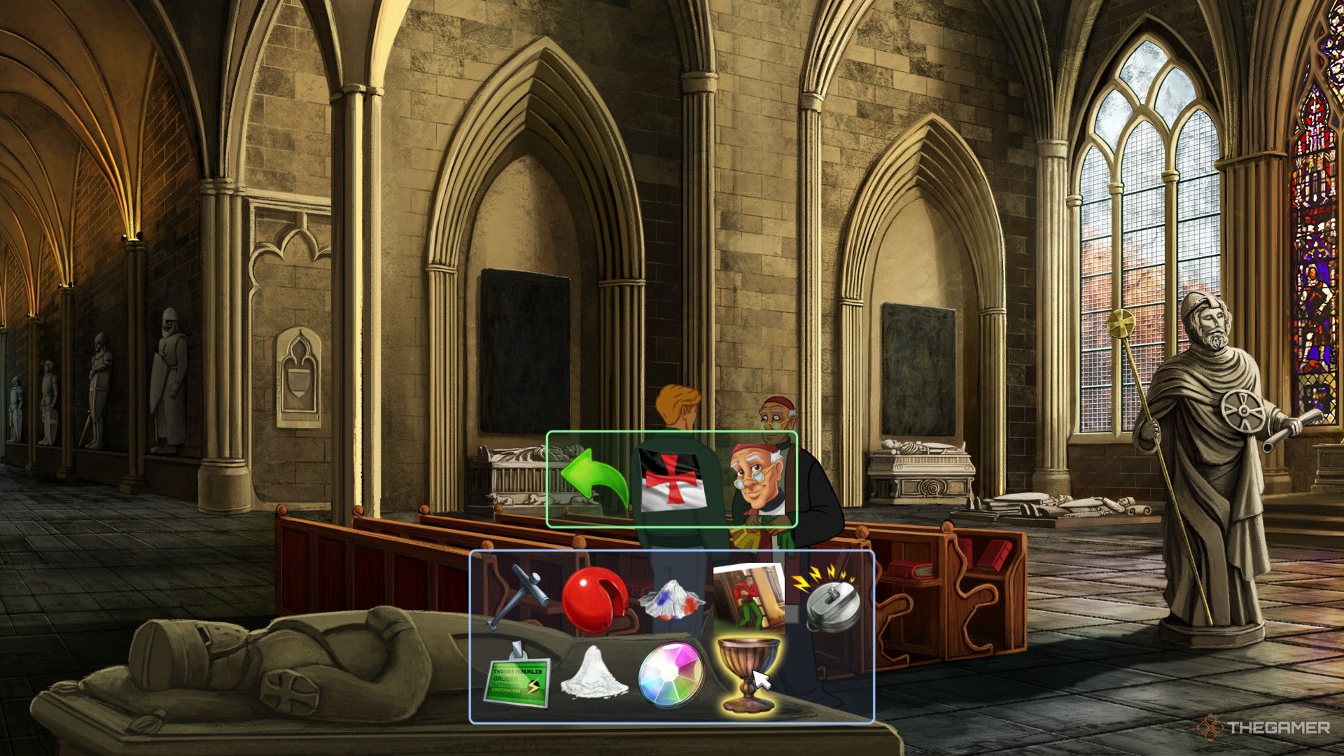 Showing the priest the chalice in Broken Sword Reforged.