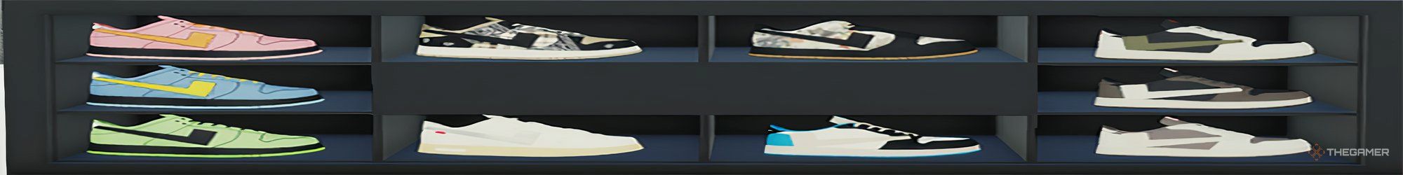 A black shelf contains several sneakers you can sell in Roblox's Sneaker Resell Simulator.