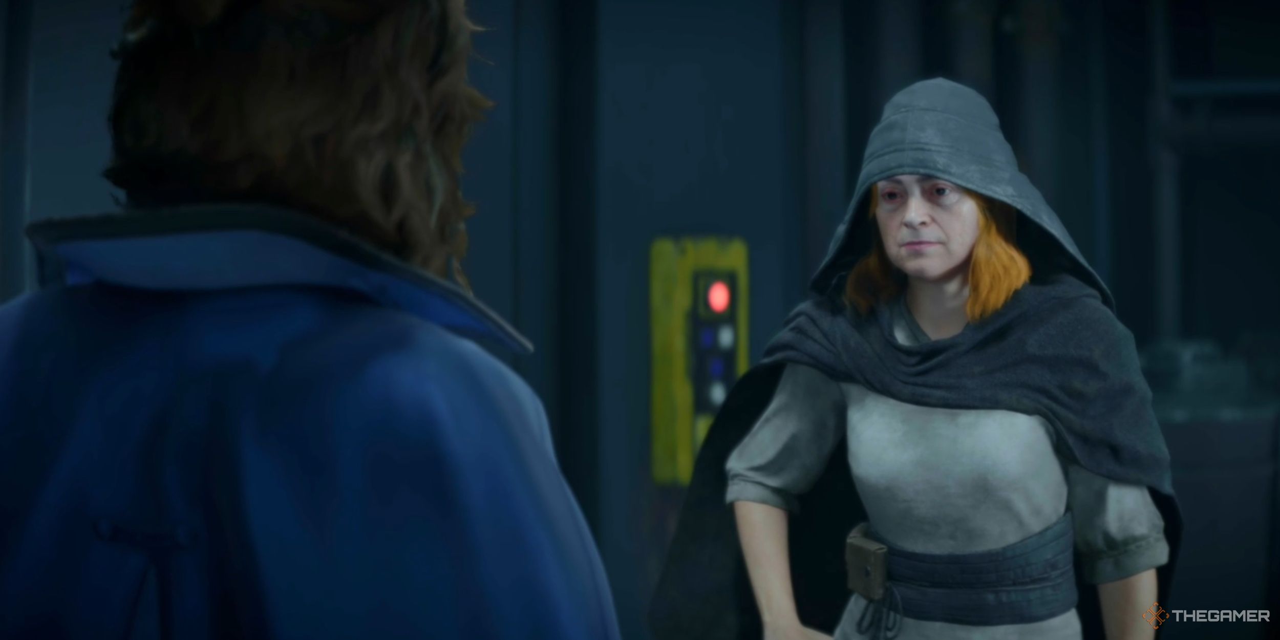 Kay talking to Aila, the Slicer, inside an Imperial Base in Star Wars Outlaws.