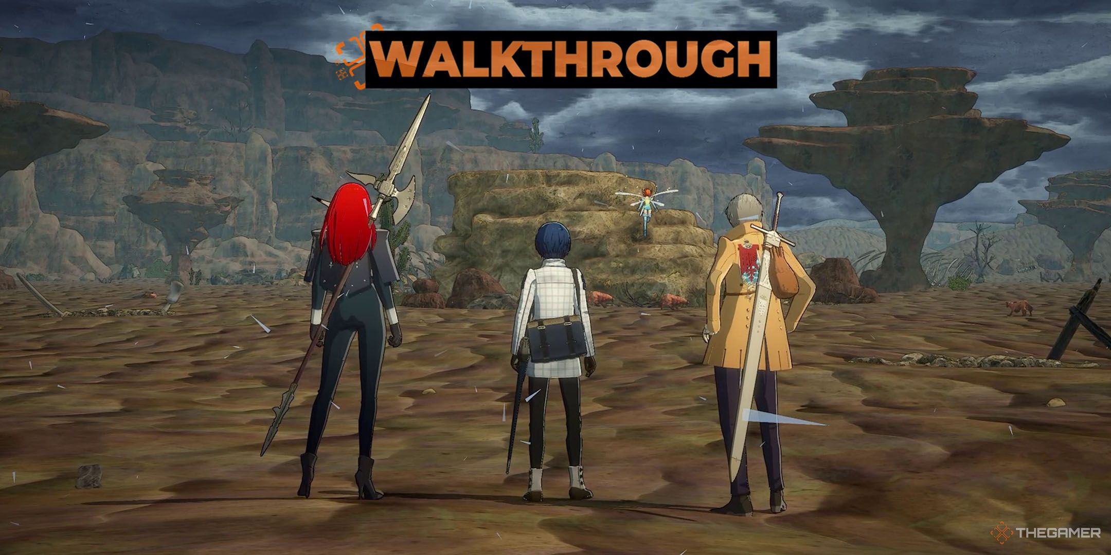 Strohl the protagonist and Hulkenberg in the Tradia Desert in Metaphor Refantazio.