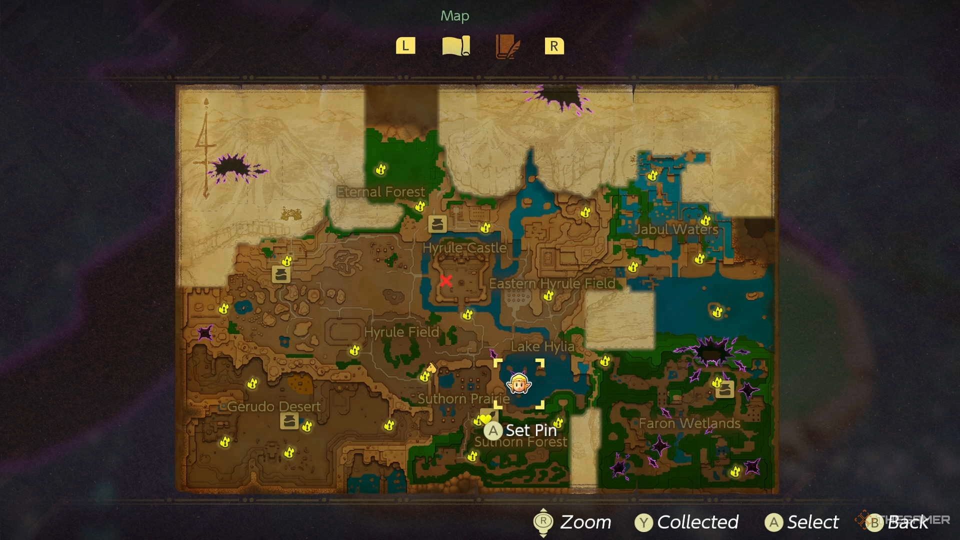 The Legend Of Zelda Echoes Of Wisdom Lake Hylia Rift location on the map.