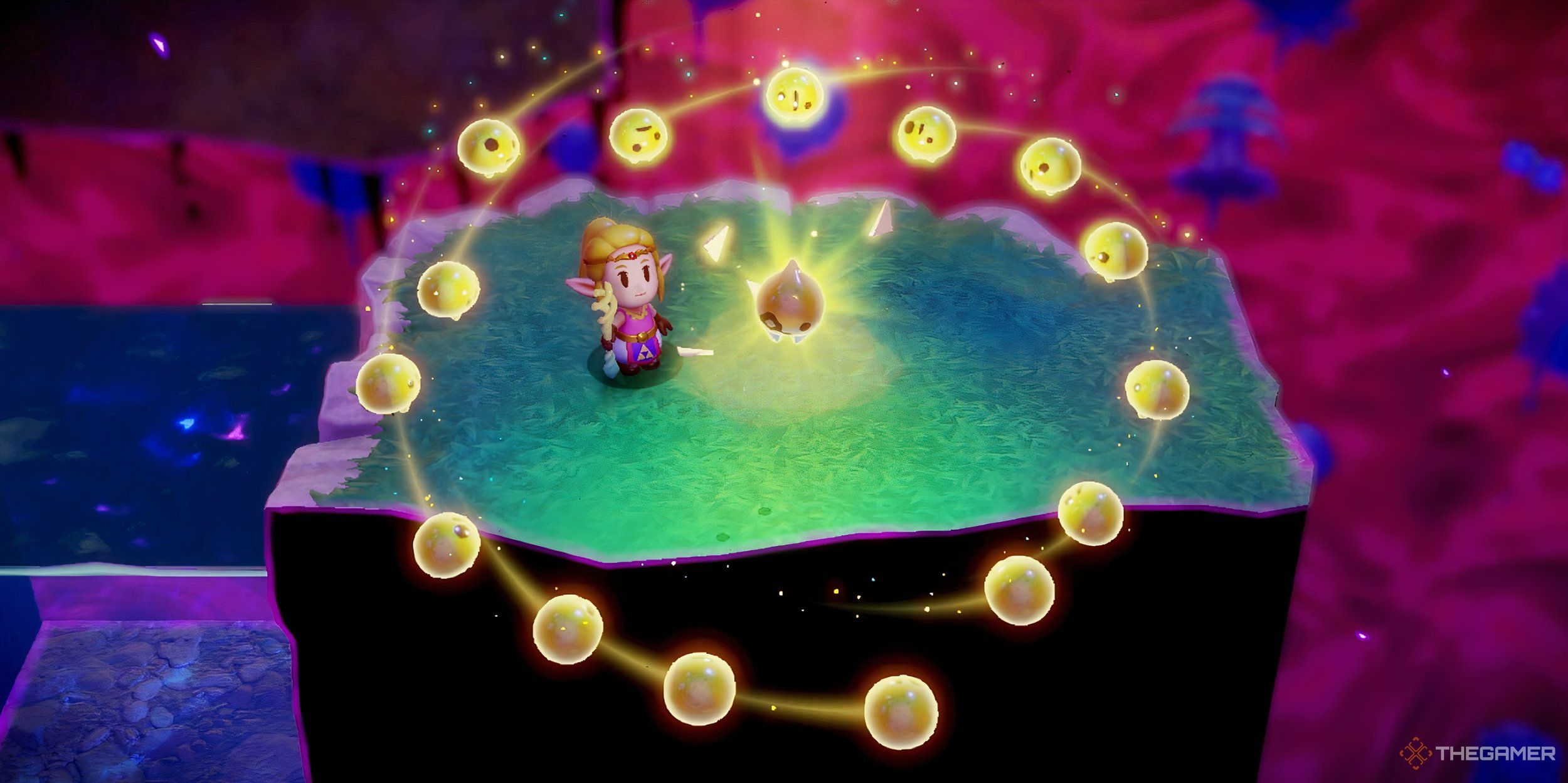 Zelda and Tri inside the Stilled Lake Hylia Rift with Tri's friends.