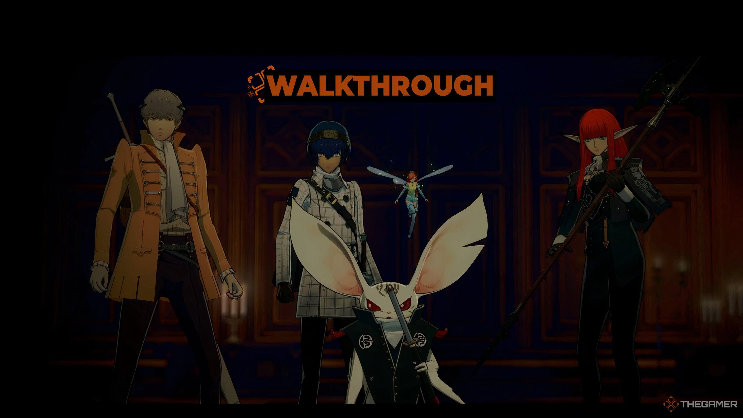 The protagonist, flanked by Strohl, Hulkenberg, and Heismay, inside Kriegante Castle in Metaphor_ ReFantazio.