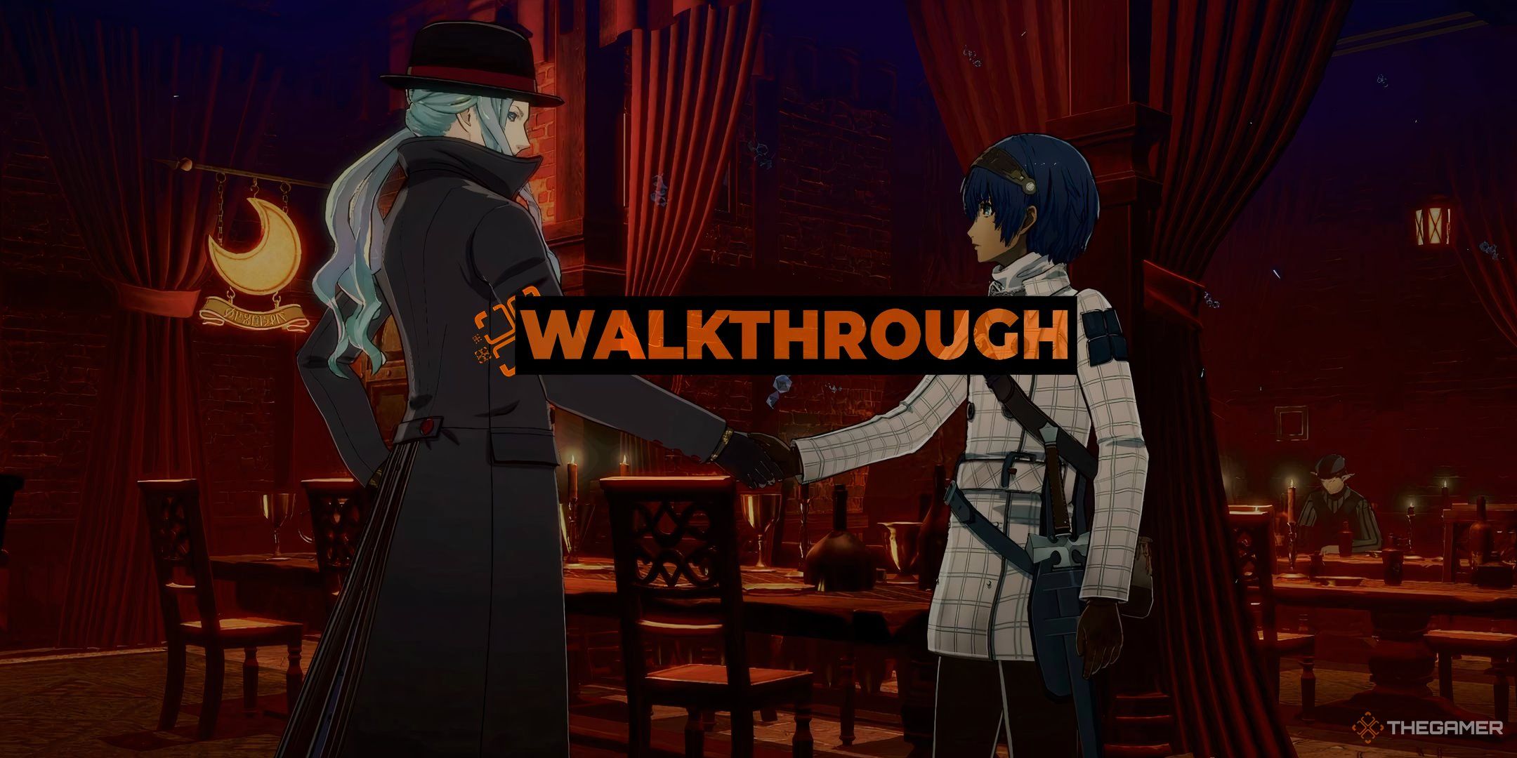 The protagonist of Metaphor_ ReFantazio shakes hands with Alonzo in a tavern.