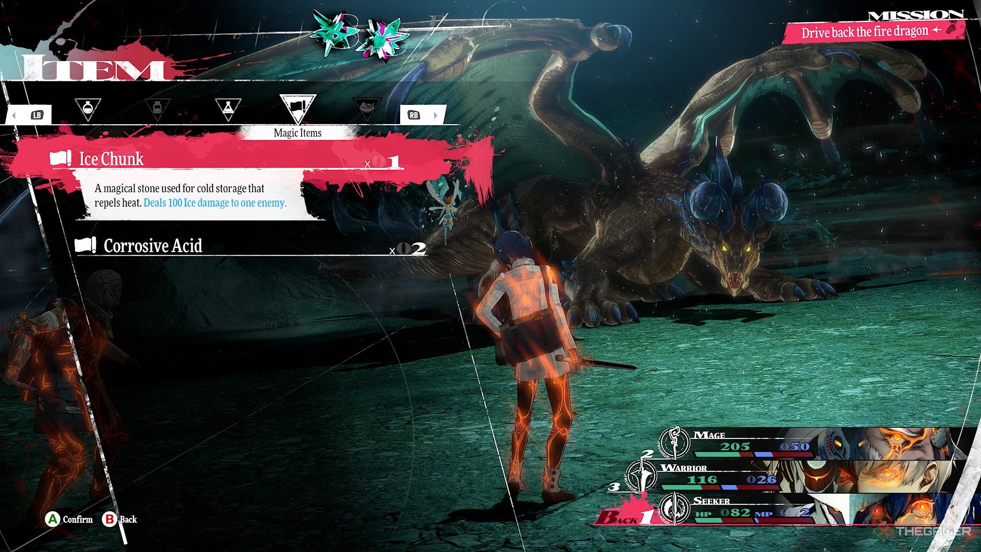 The protagonist using an Ice Chunk against Fire Dragon Mauna in Metaphor Refantazio.
