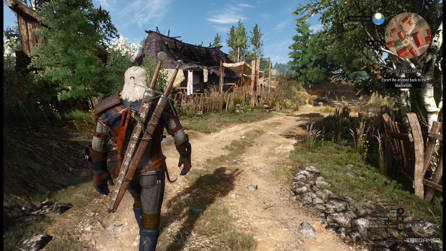 Geralt walking in White Orchard in The Witcher 3: Wild Hunt.