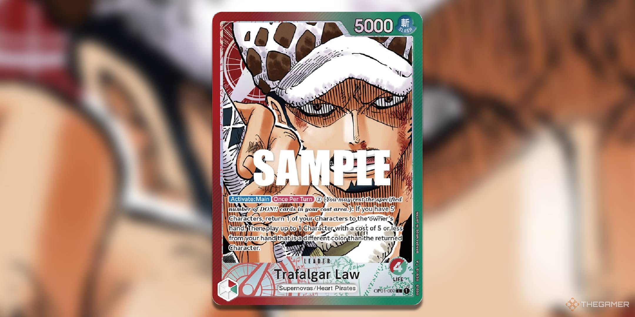 Trafalgar Law alternate art leader from OP-01 with a gaussian blur background.