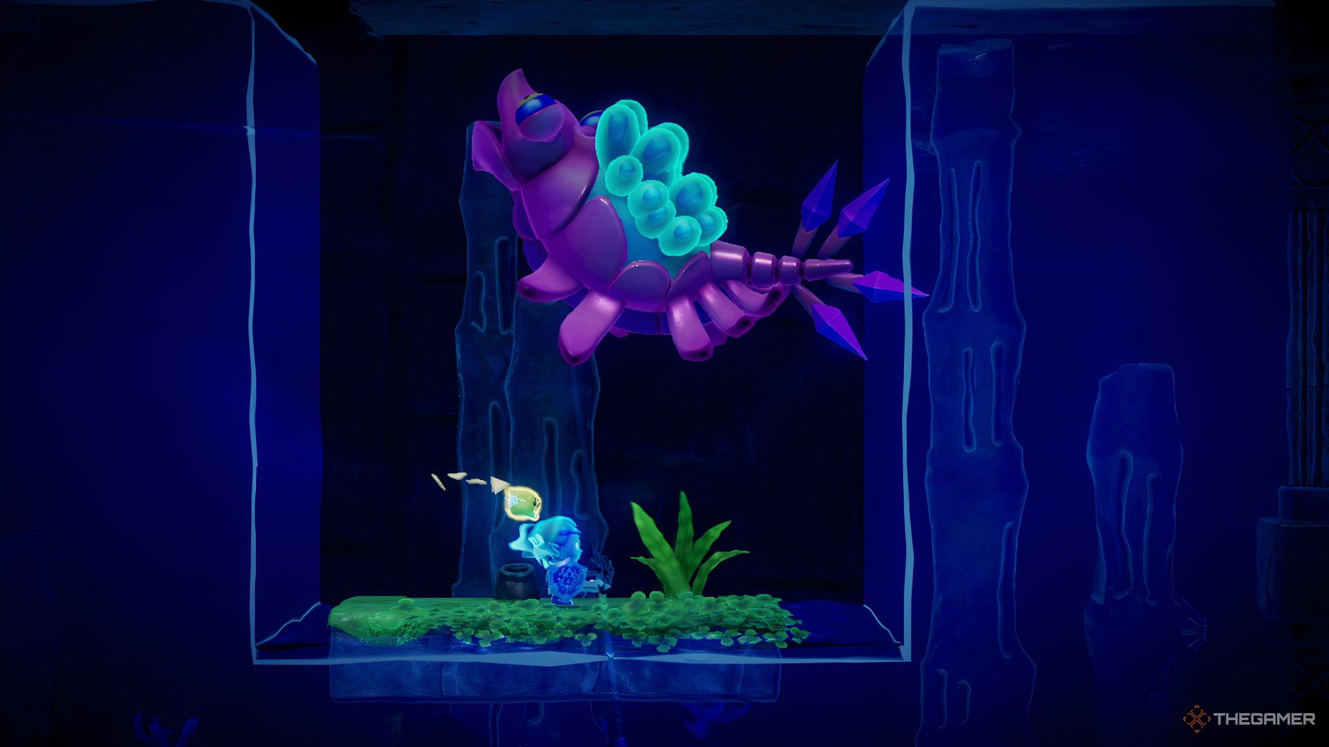 Vocavor drains water from the boss arena as Zelda watches in Echoes of Wisdom. 