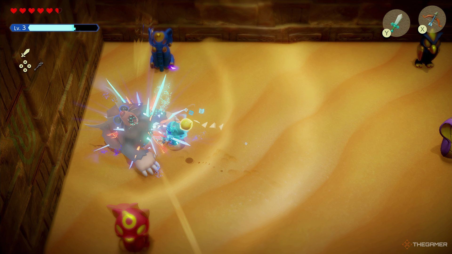 Zelda slicing away at Mogryph as he's stuck in the ground in Echoes of Wisdom. 
