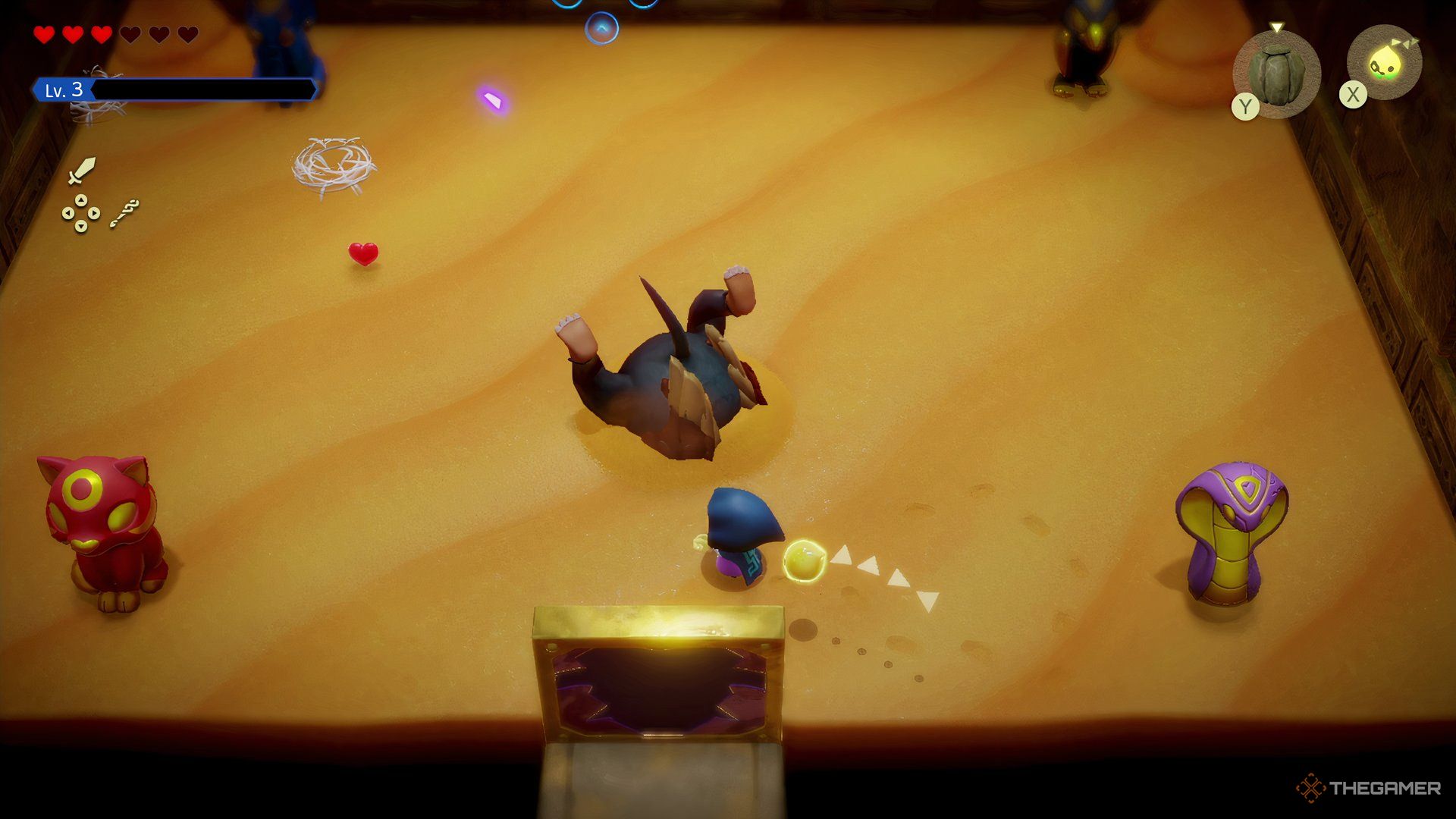 Mogryph stuck in the ground after being stunned by a rock in Echoes of Wisdom. 