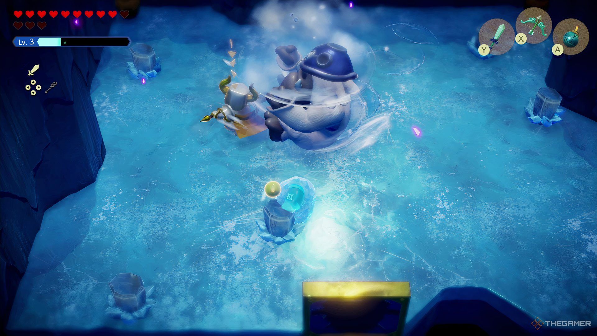 Skorchill performs his spin attack while Zelda attacks him in Echoes of Wisdom.
