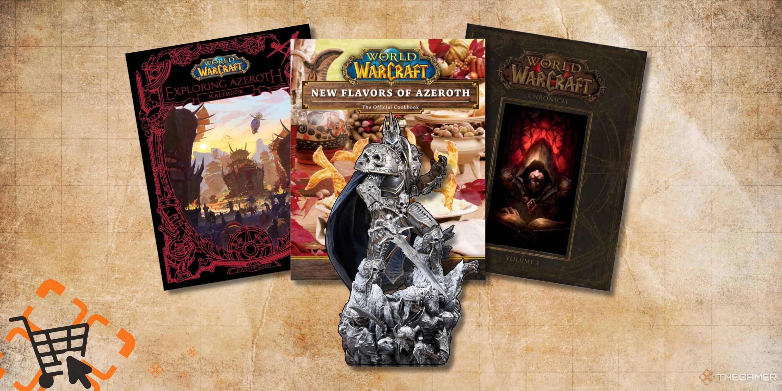Warcraft books and a warcraft model of a knight on top of an old map backdrop