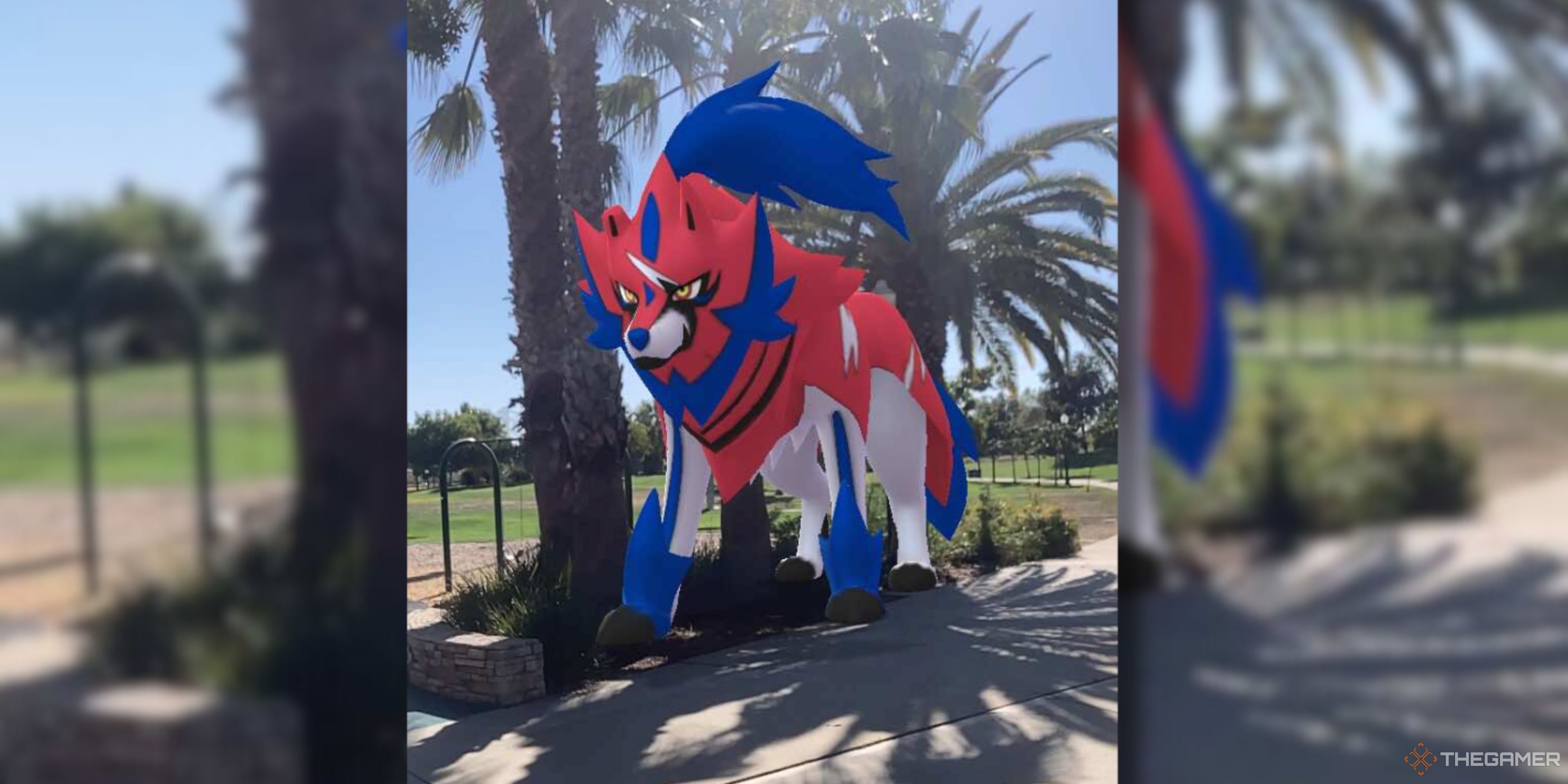 Zamazenta stands near a planter with palm trees in Pokemon GO.