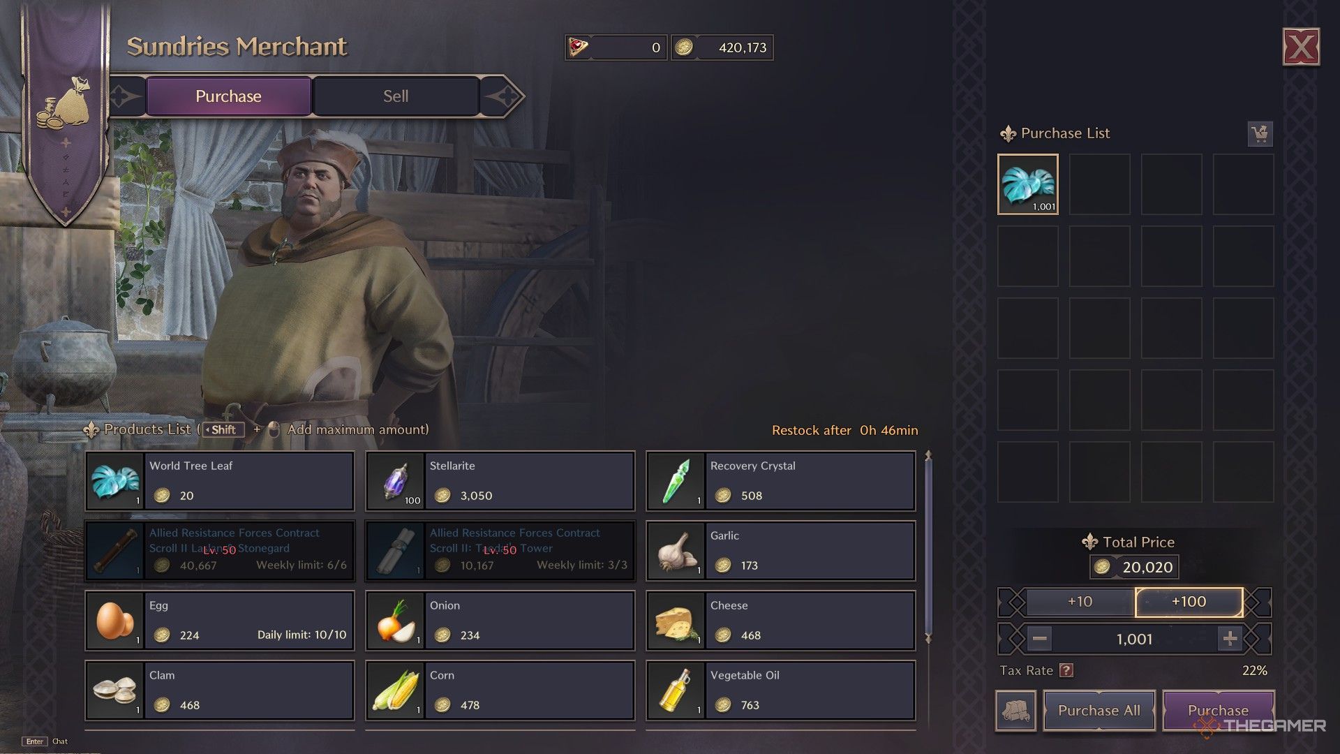 The player is purchasing World Tree Leaves from a trader in Throne And Liberty.