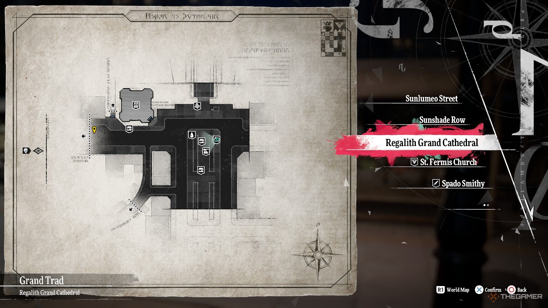 The Grant Trad map for the Regalith Grand Cathedral area in Metaphor: ReFantazio.