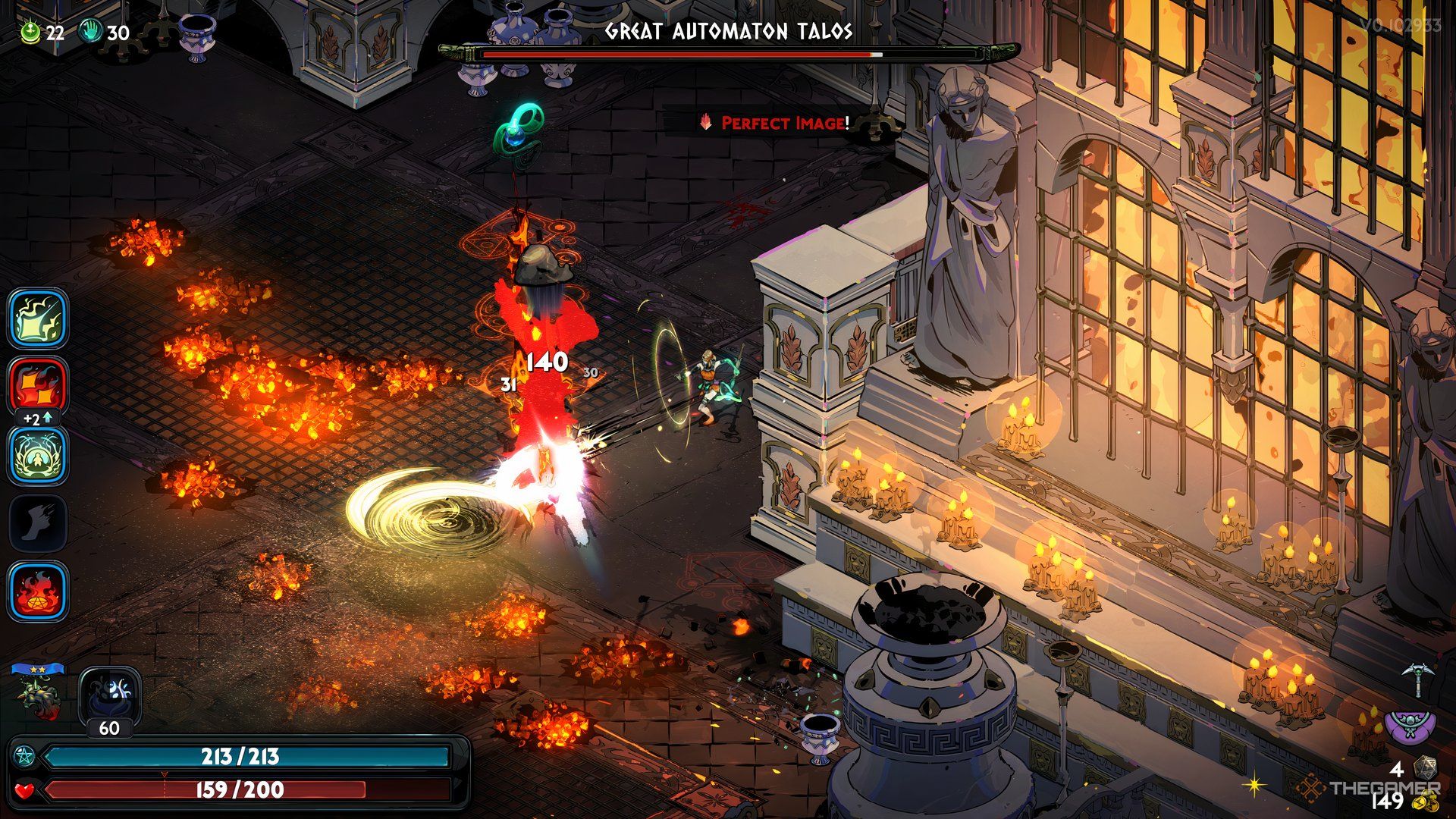 Melinoe attacks Talos with Momus after dodging a disc attack in Hades 2.