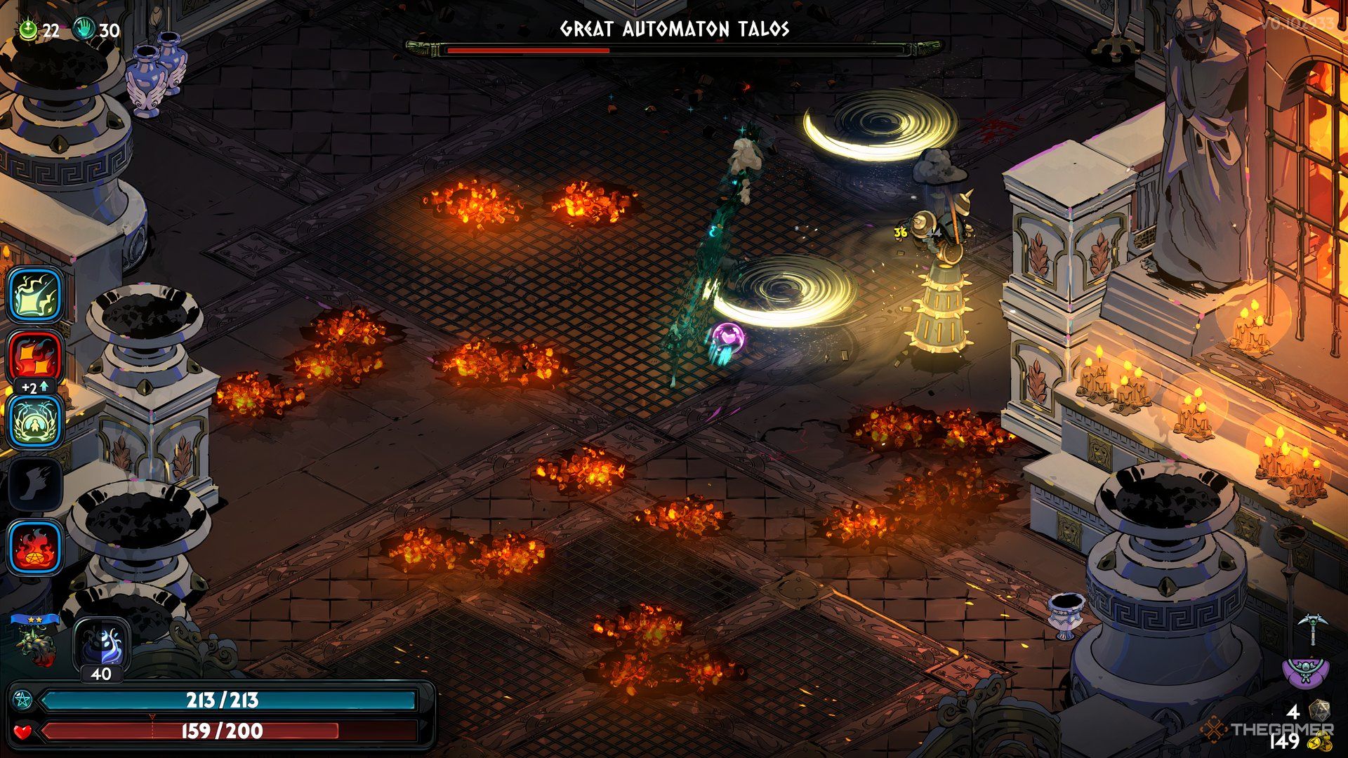 Talos throws two discs as Melinoe dashes between them in Hades 2.