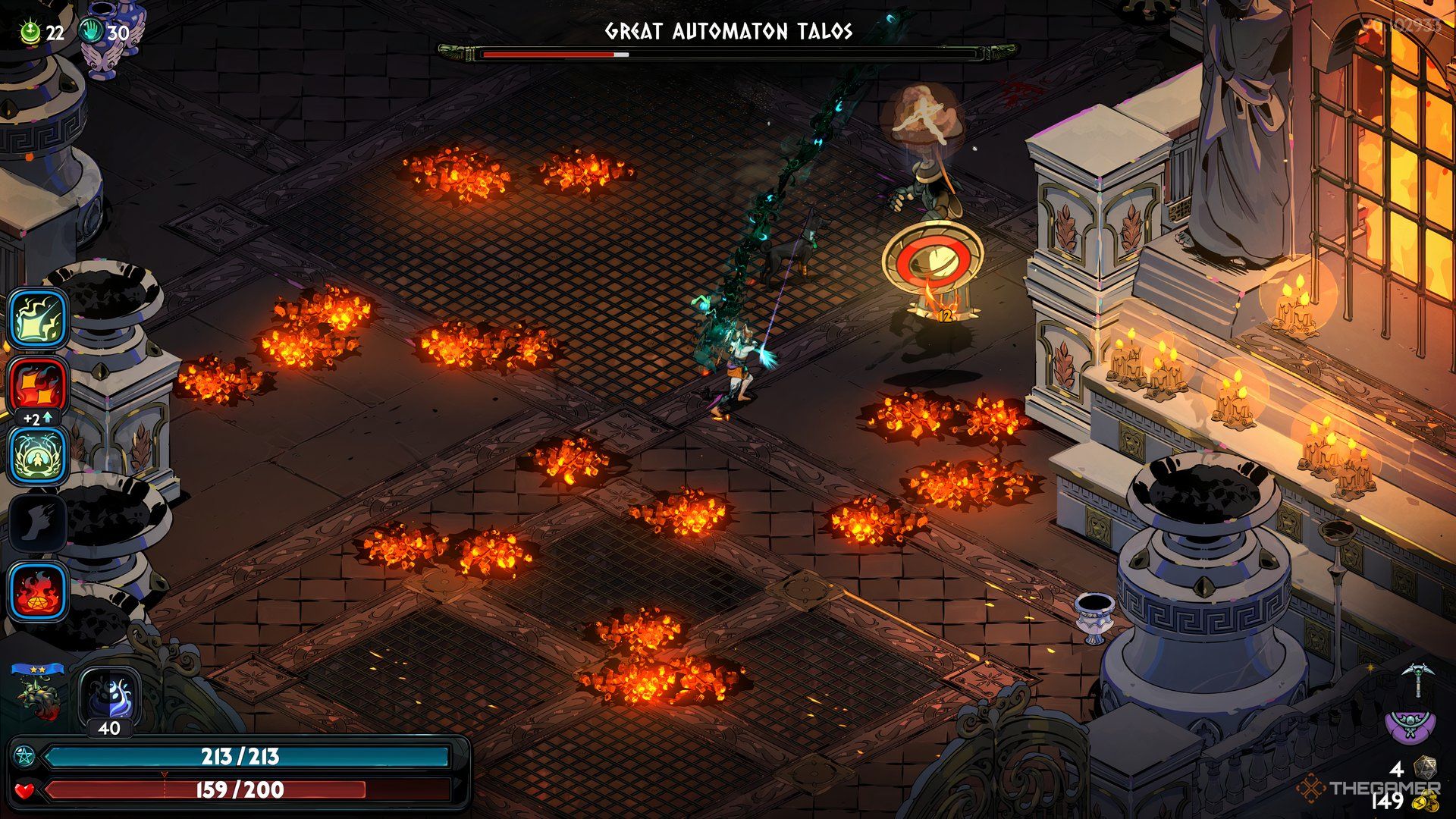 Talos turns the arena into a fiery mess as Melinoe returns damage in Hades 2.