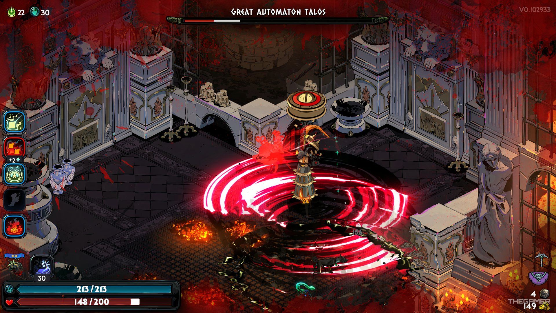 Talos performs a spin attack and hits Melinoe in Hades 2.