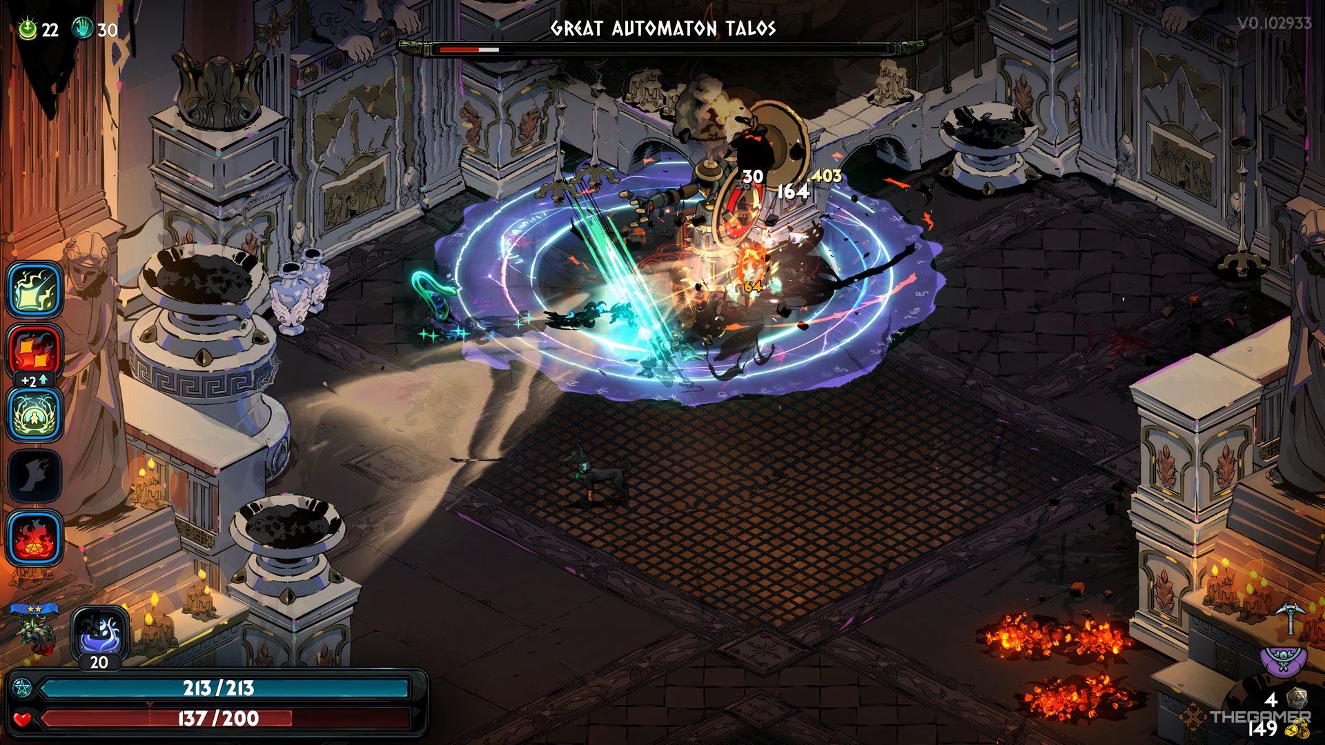 Talos uses his Vacuum attack while Melinoe prepares to finish the fight in Hades 2.