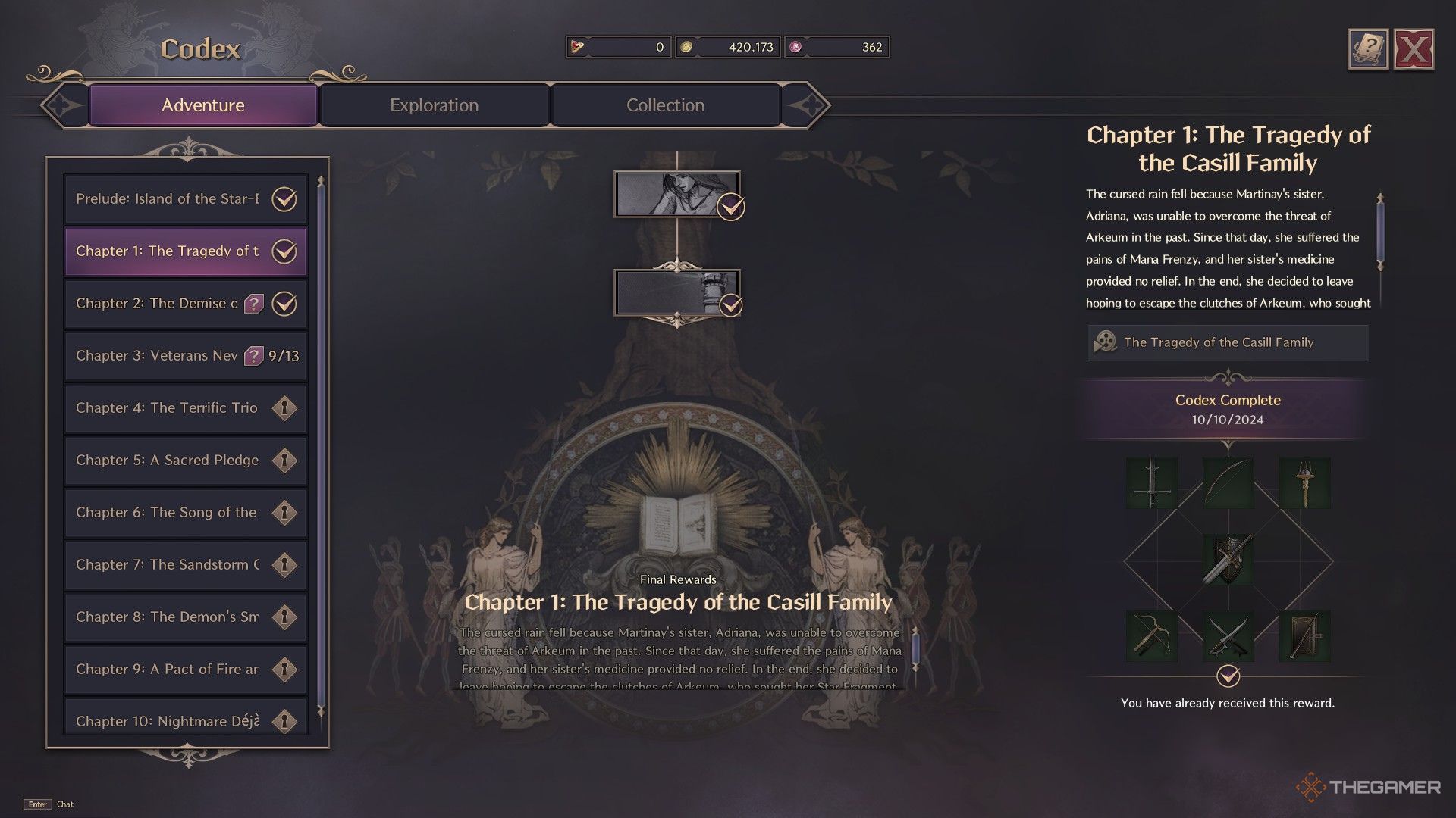 The player is showcasing the completed chapter 1 from the Codex menu in Throne And Liberty.