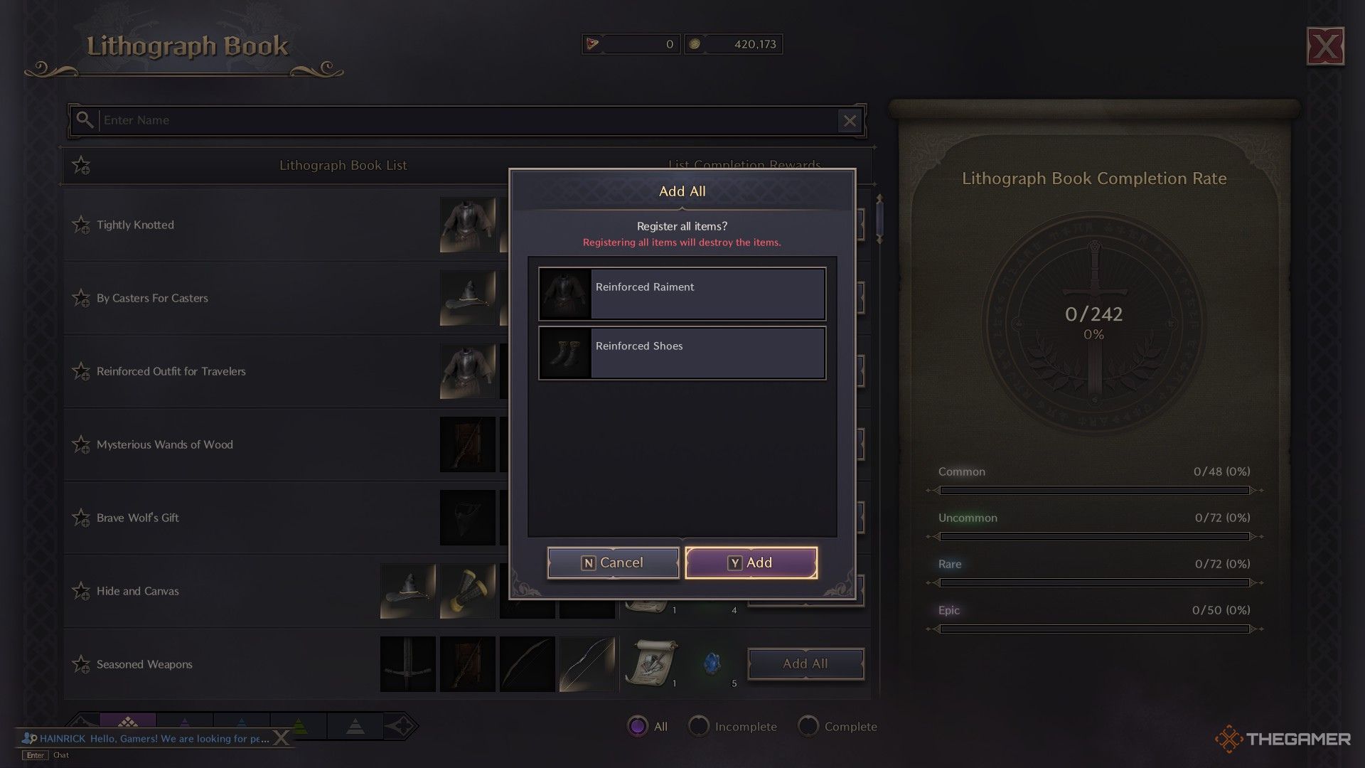 The player is destroying items in the Lithography Book in Throne And Liberty.