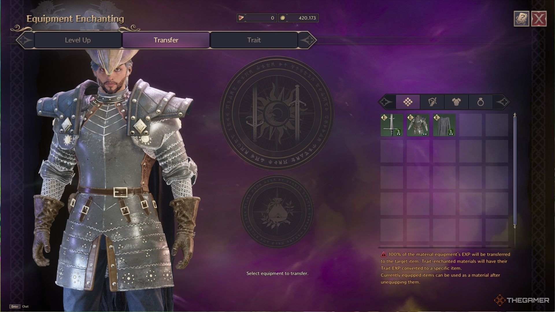 The player is showcasing the Equipment Growth Transfer menu in Throne And Liberty.