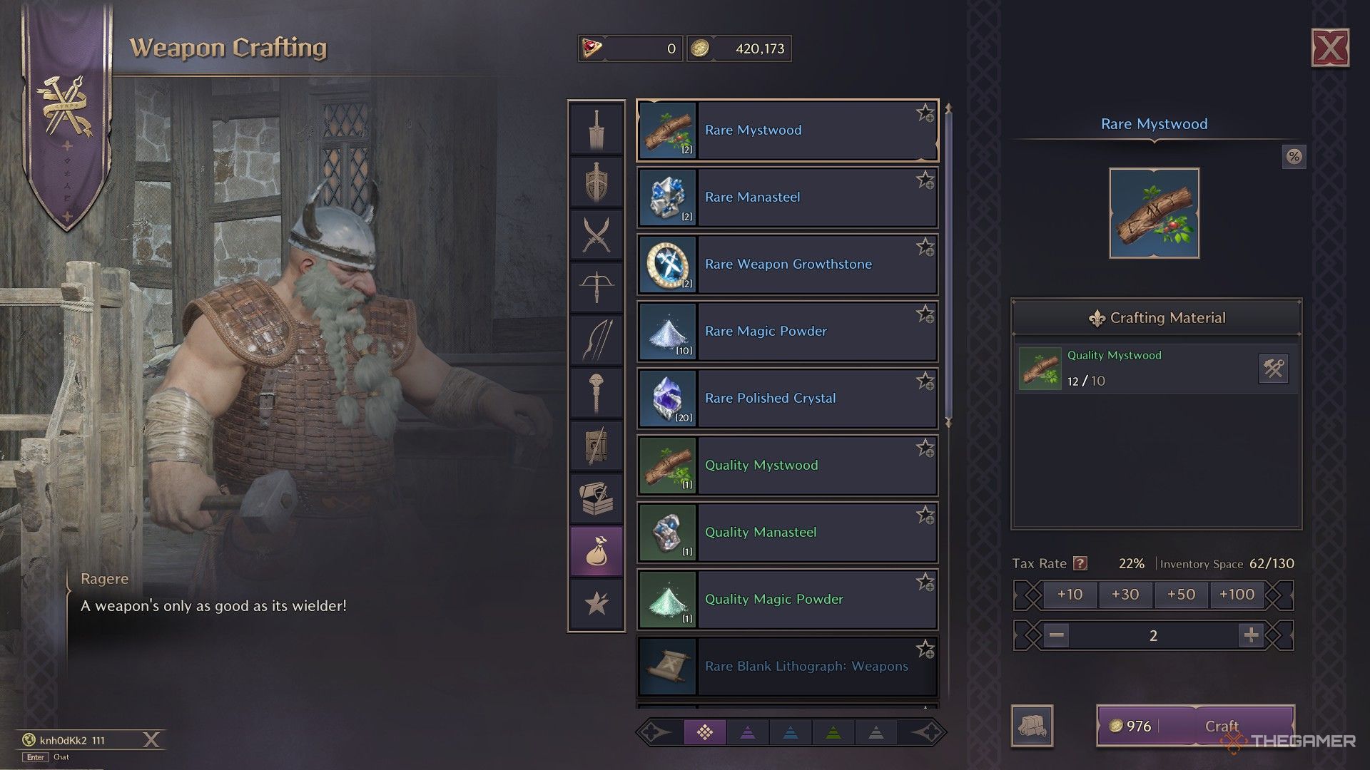 The player is crafting high-rarity materials from low-rarity materials at a Crafter's shop in Throne And Liberty.