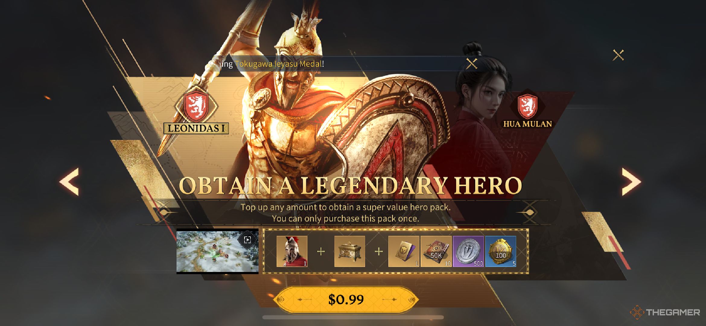A player looking at the option to buy Leonidas and Mulan.