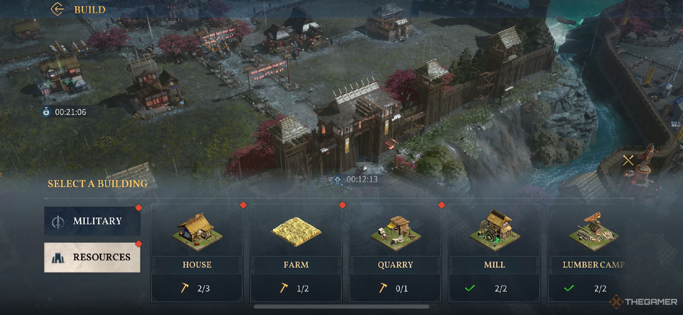 A player looking at the resource buildings options.