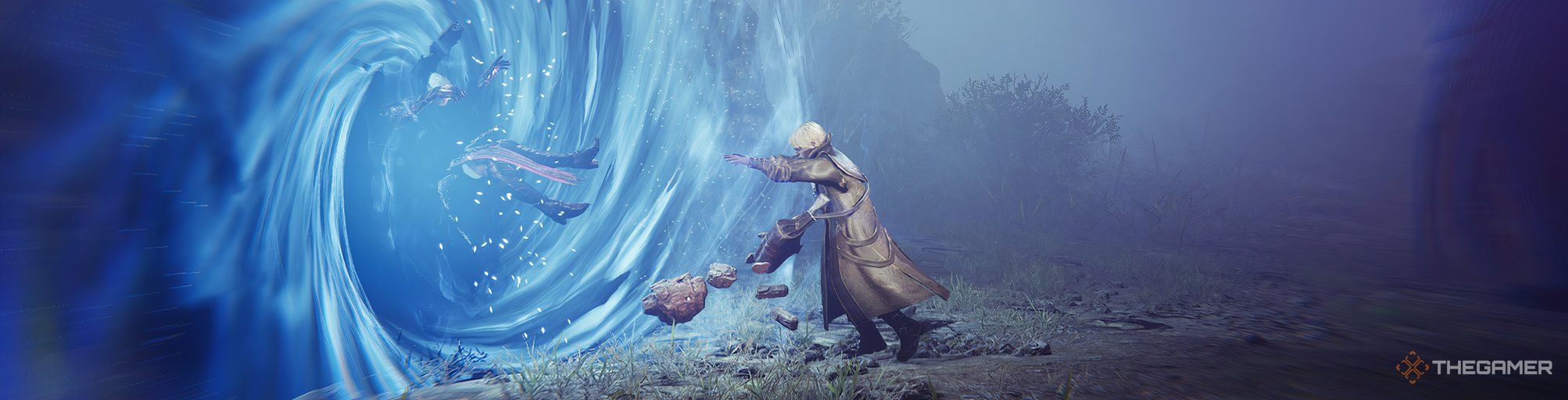 Intense moment in Throne and Liberty as a cloaked figure attemps to prevent a swirling blue vortex from pulling another character into it.