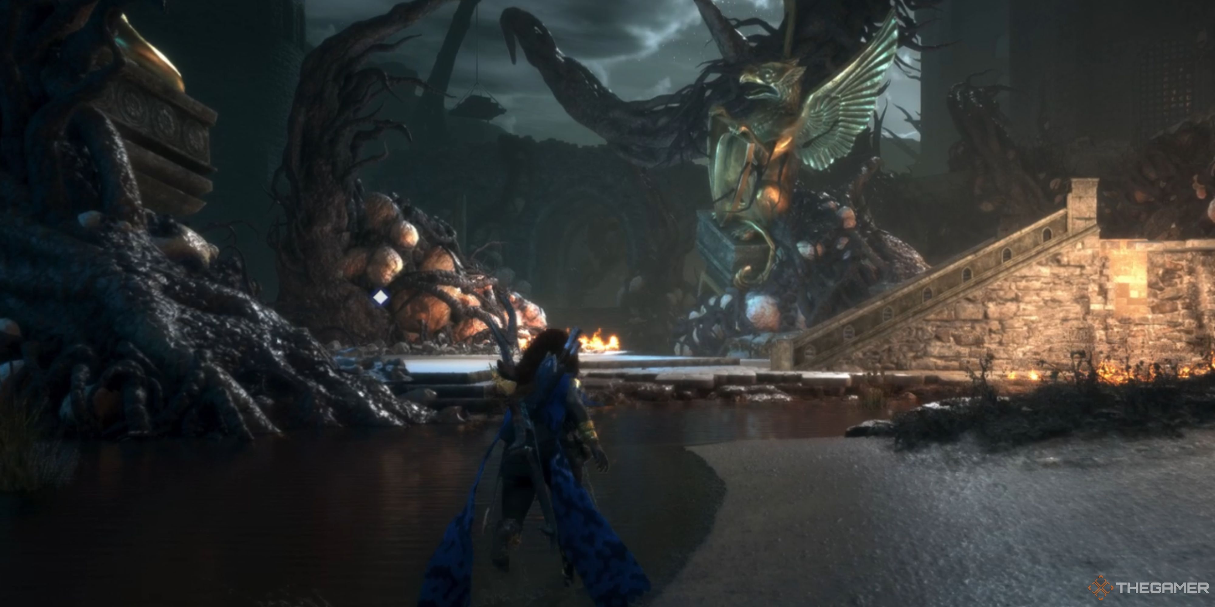 Blight climbing up stairs in Hossberg Wetlands in Dragon Age The Veilguard