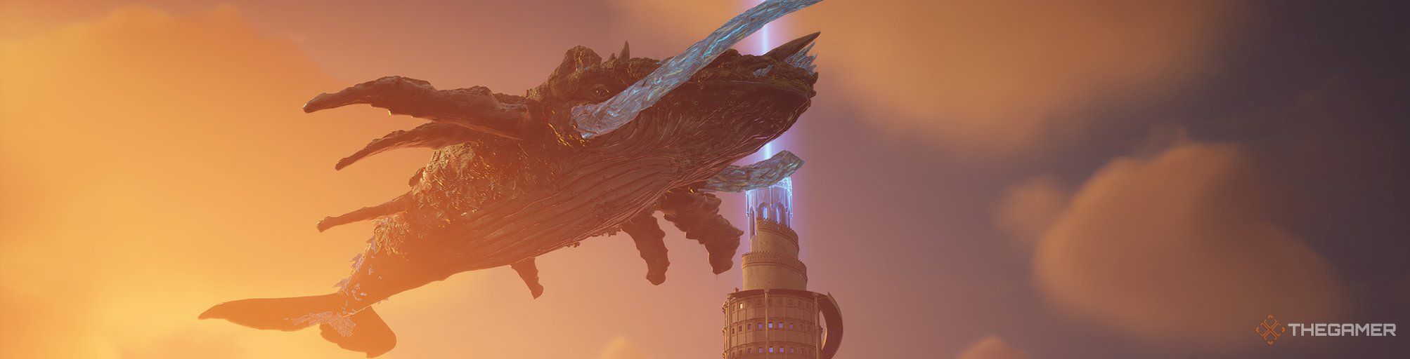 the gigantrix from throne and liberty, a flying whale with blue tusks in the sunset sky, above a tower