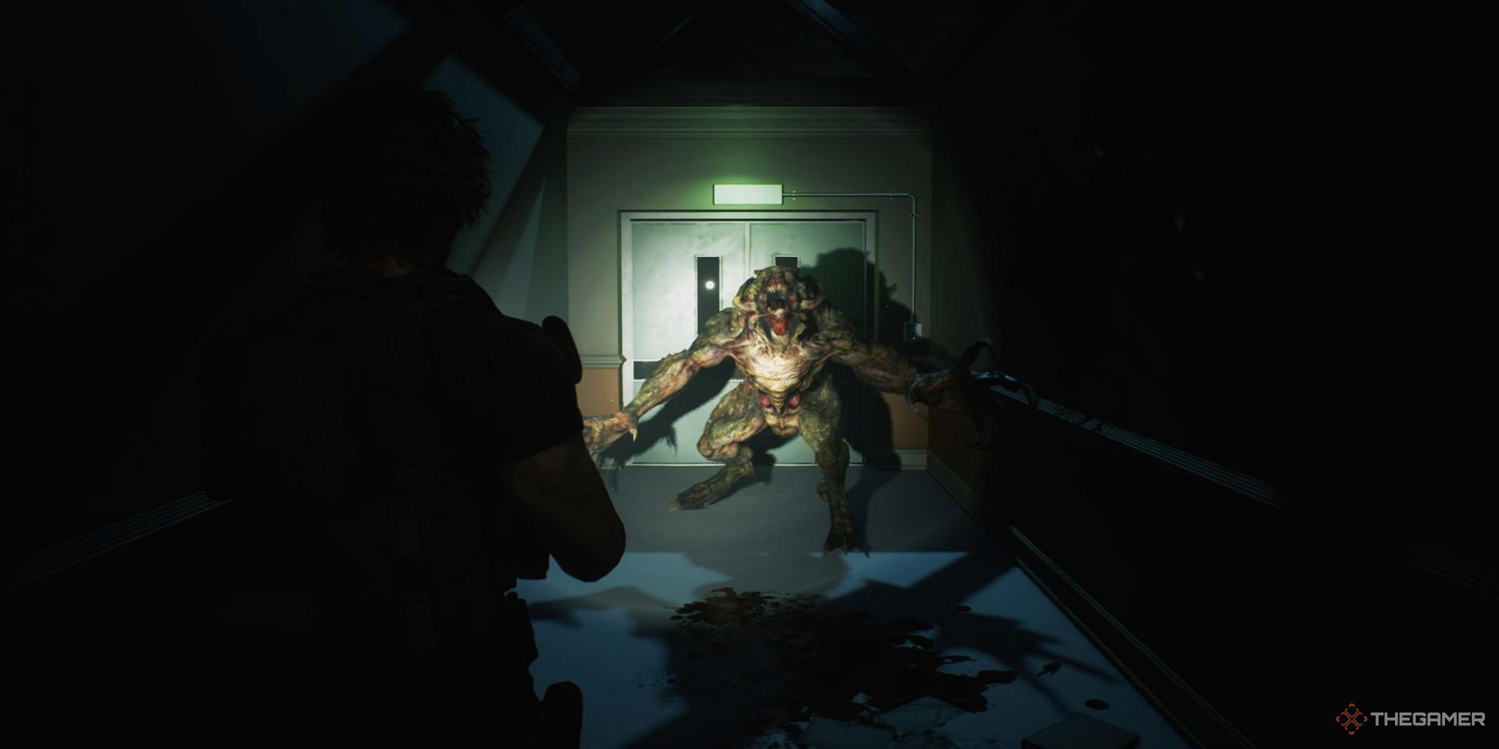 Carlos confronting the Resident Evil Hunter.