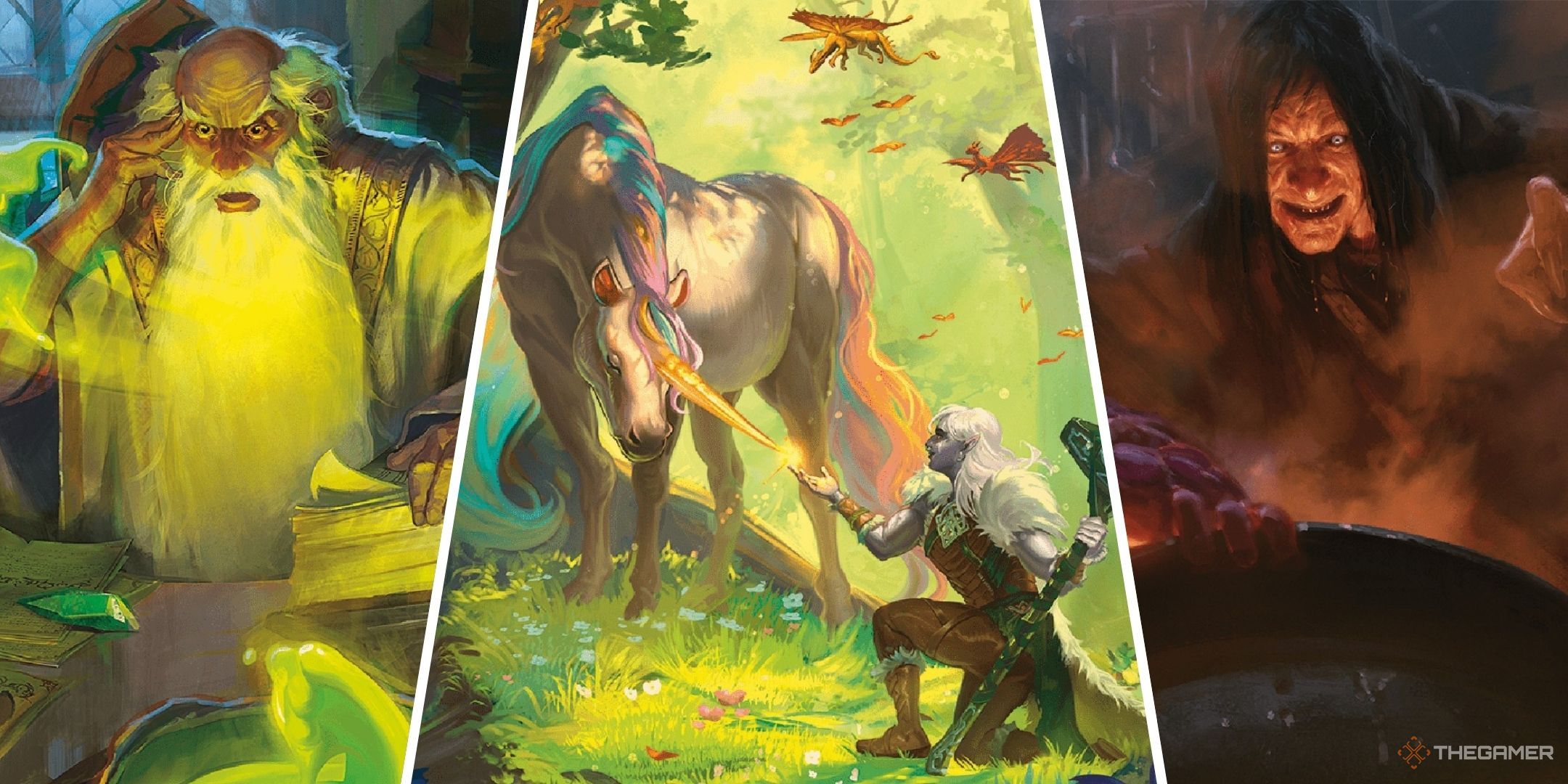 Dungeons & Dragons image showing a wizard, a barbarian, a unicorn and Baba Yaga.