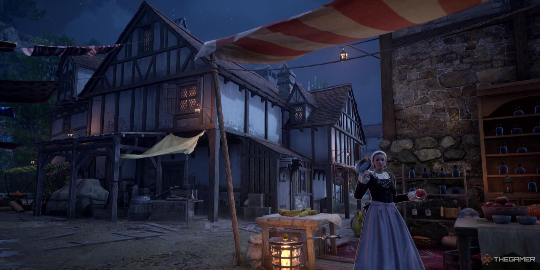 The Sundries Crafter stands in the middle of town at night in Throne and Liberty.