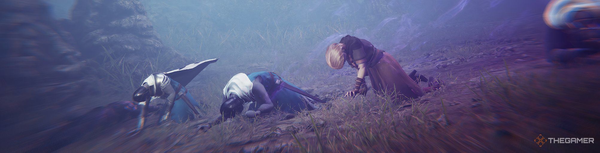 three warriors kneeling down in a purple foggy field in throne and liberty.