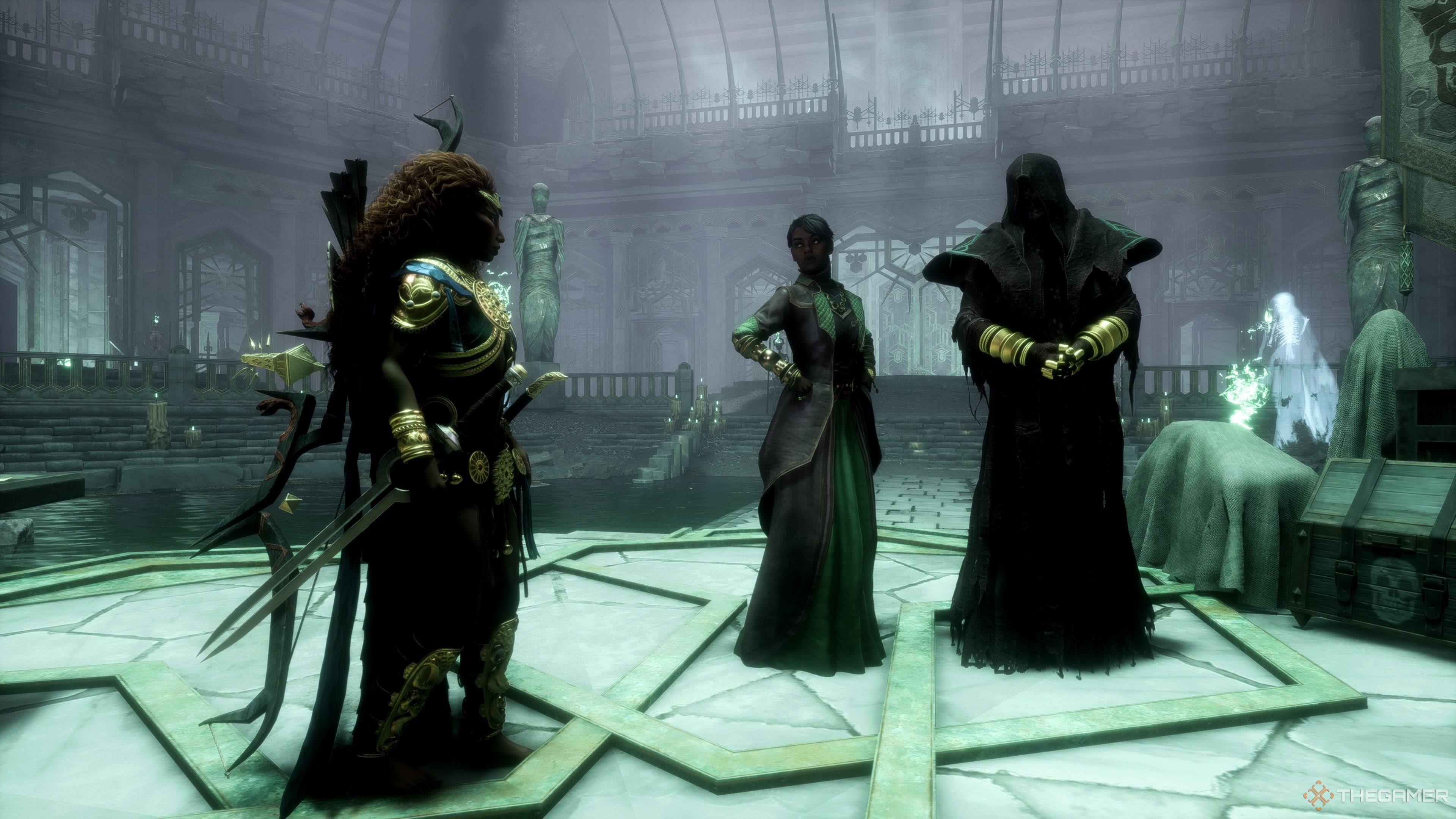 Rook stands with Myrna and Vorgoth during Hauntings Deathly Curiosity in Dragon Age: The Veilguard.