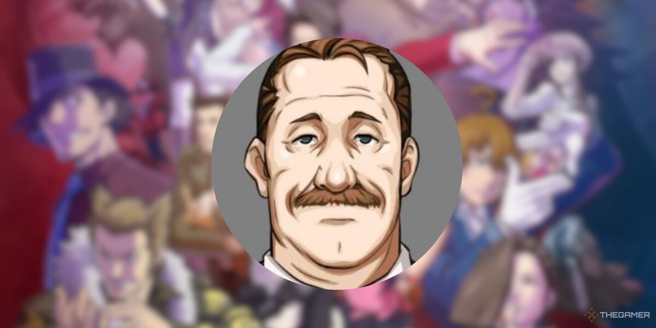 Deid Mann in front of a blurred background of Ace Attorney Investigations Miles Edgeworth
