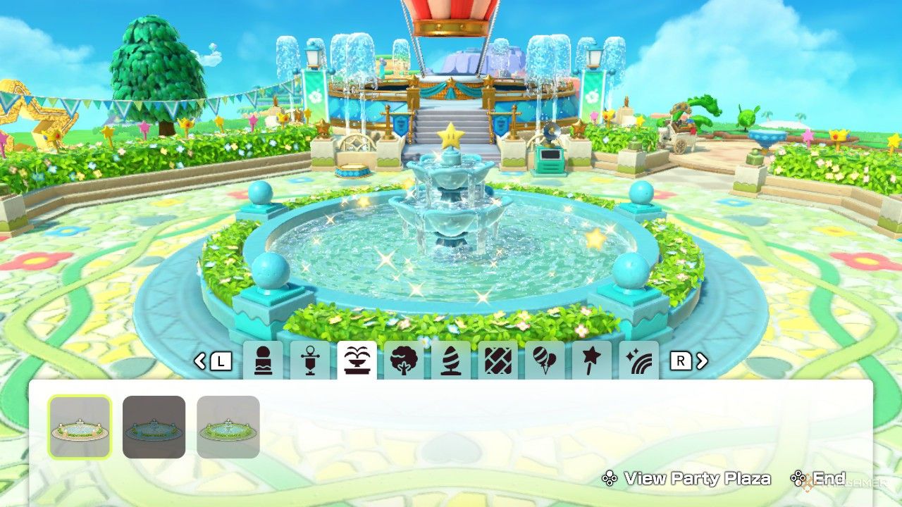 Different options for the fountain customization in the Party Plaza in Super Mario Party Jamboree.