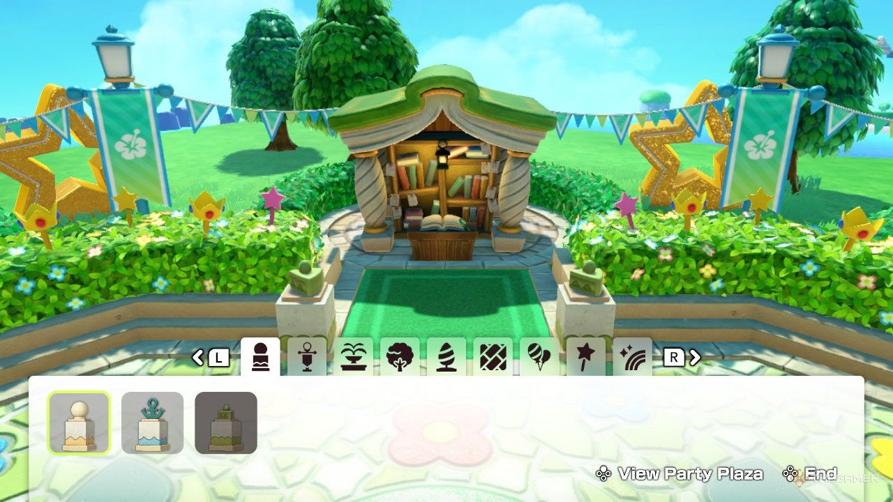 Different options for the pole and pillar customization in the Party Plaza in Super Mario Party Jamboree.